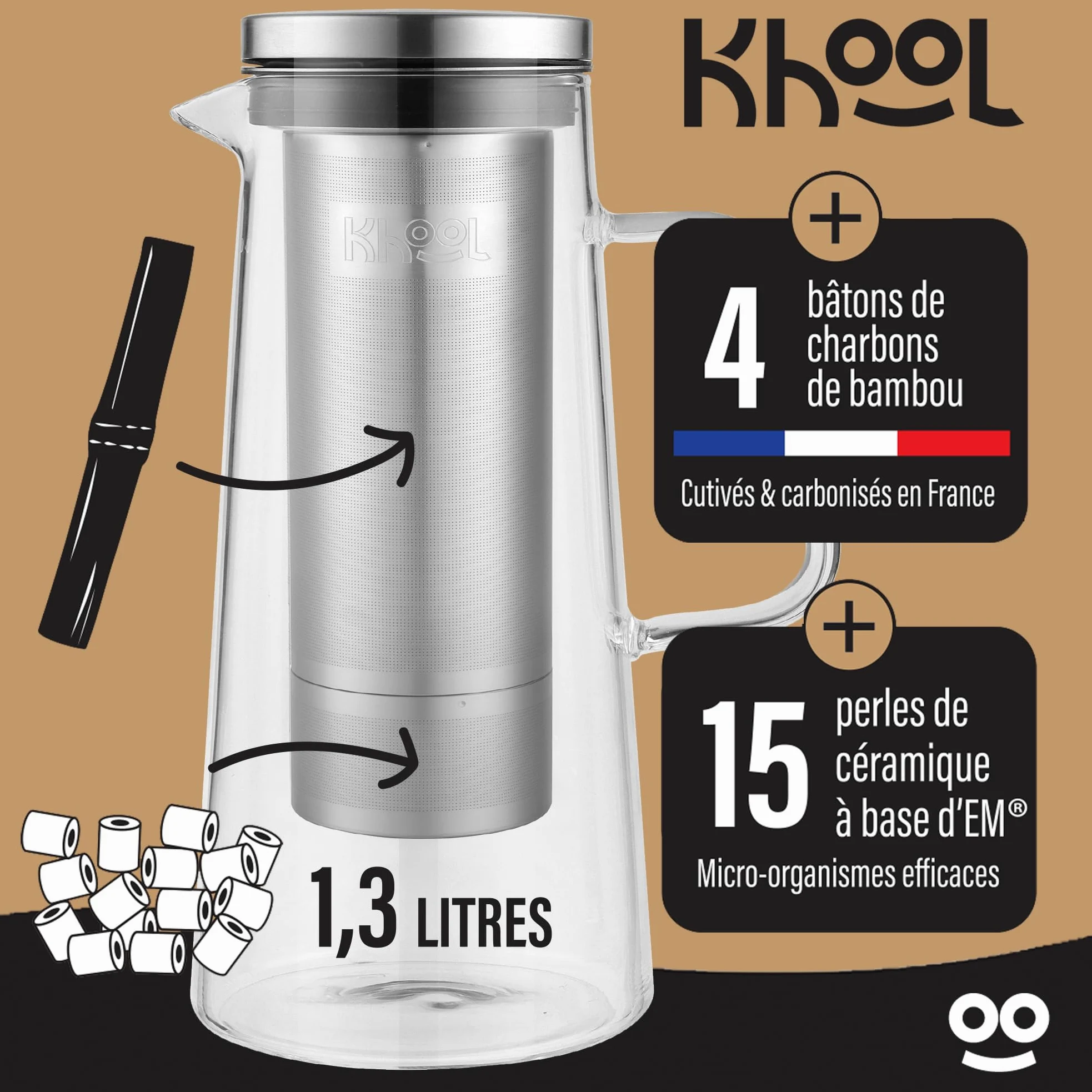 KHOOL - Kit Carafe filtration de l'eau en Verre et Inox + Bâtons Charbon de Bambou et Perles de Céramique - Purifie & améliore le goût de l’eau - Alternative Écologique - Origine France - 1L