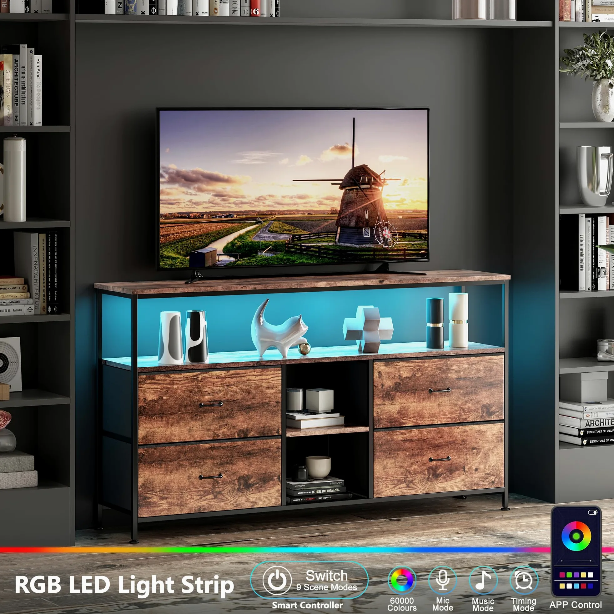 Armoire TV avec lumières LED - 108 x 30 x 78 cm - Meuble TV avec 4 tiroirs, 3 compartiments ouverts - Avec étagère en verre réglable - Pour salon, chambre à coucher - Marron - 108 x 30 x 78 cm