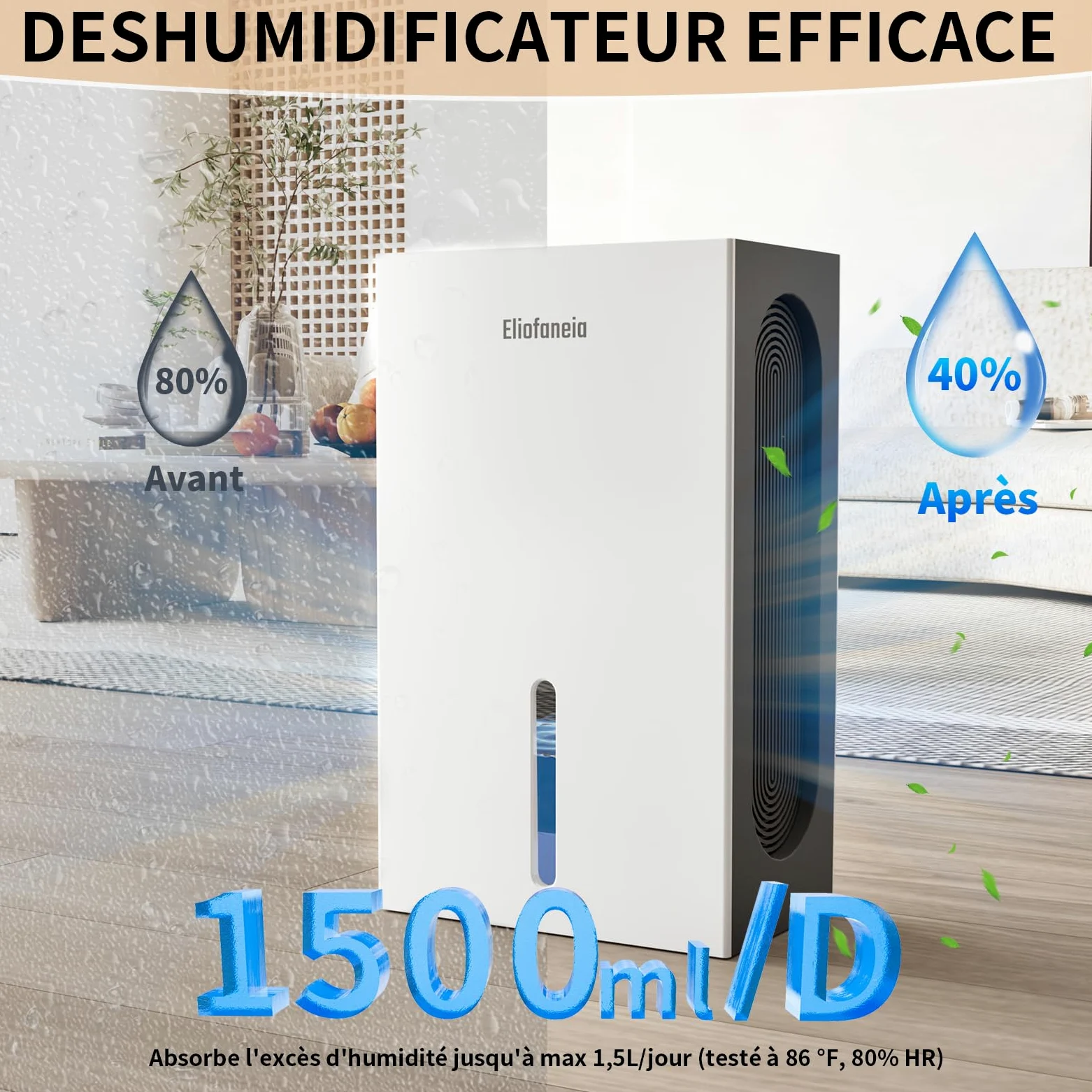 Déshumidificateur d'Air Puissant 1500ml/Jour - Technologie Unique 4 Condenseurs (+150% d'Efficacité) - Grand Réservoir 2,4L ou Drainage Continu - Ultra Silencieux, Mode Nuit, Maison & Chambre