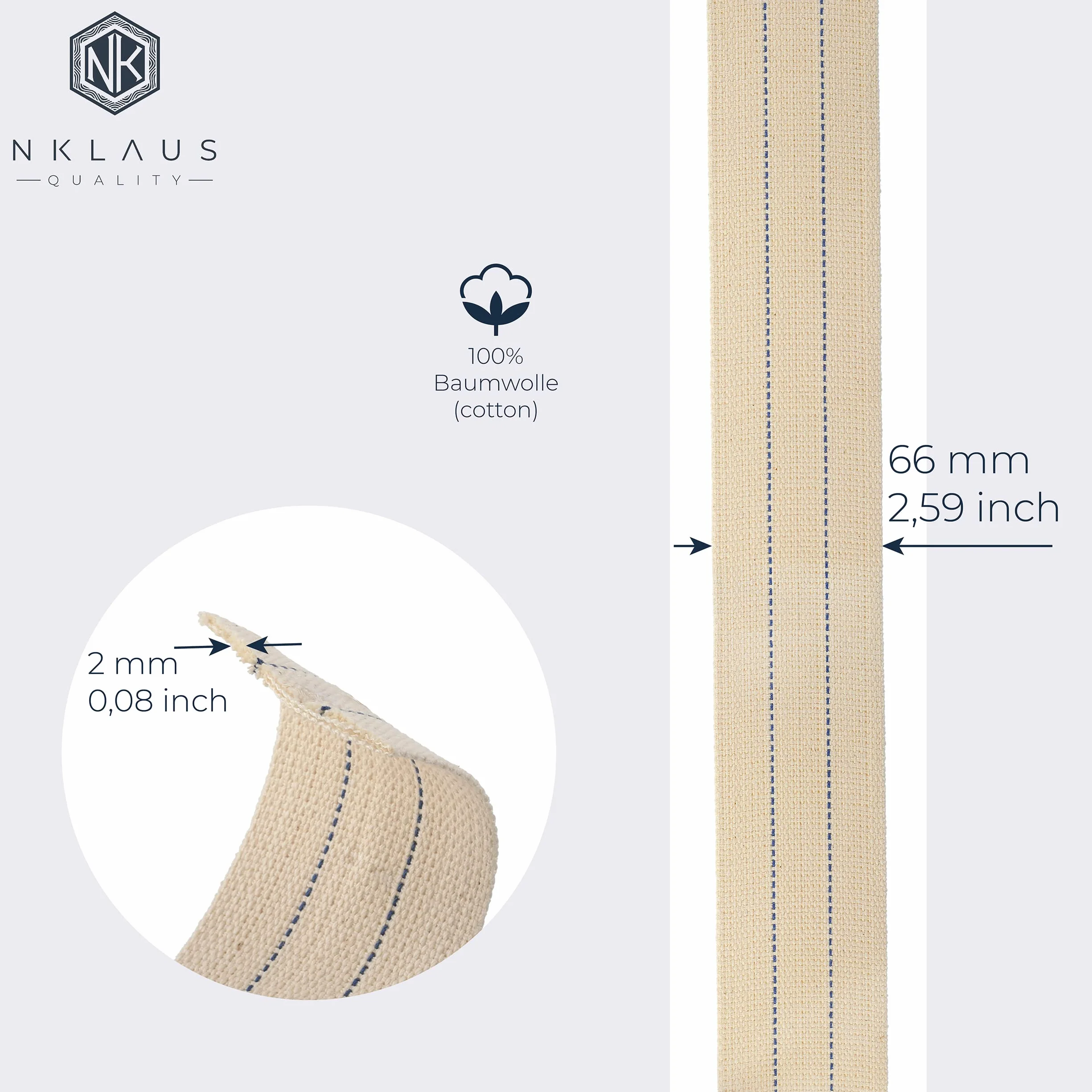 NKlaus Mèche de lampe plate en coton 100 % naturel - 66 mm - Pour brûleur à huile, lampe à pétrole purifié