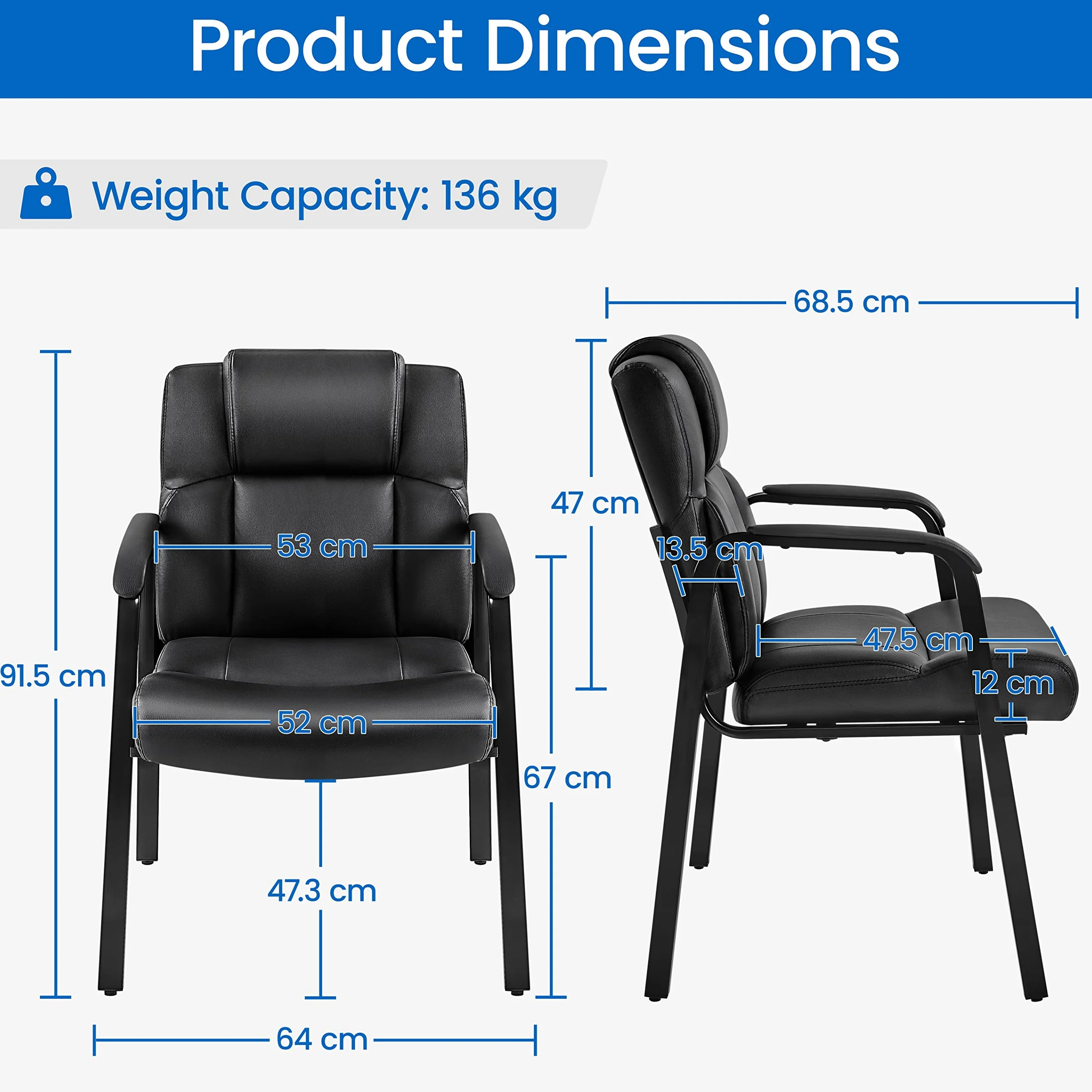 Yaheetech 2 chaises de Bureau invités de Luxe sans Roues pour réunions de conférence et Salle d'attente visiteurs ergonomiques en Similicuir, portée 136 kg Noir