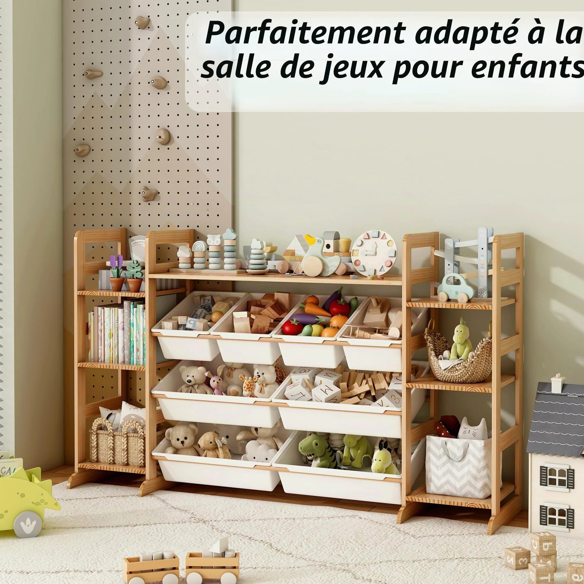 Meuble de Rangement Jouets Enfant Bibliothèque Enfant avec 8 Boîtes Amovibles, Bibliotheque Enfant Bois pour Aux Chambres à Coucher et aux Salles de Classe (133 x 80 x 34.5 cm)
