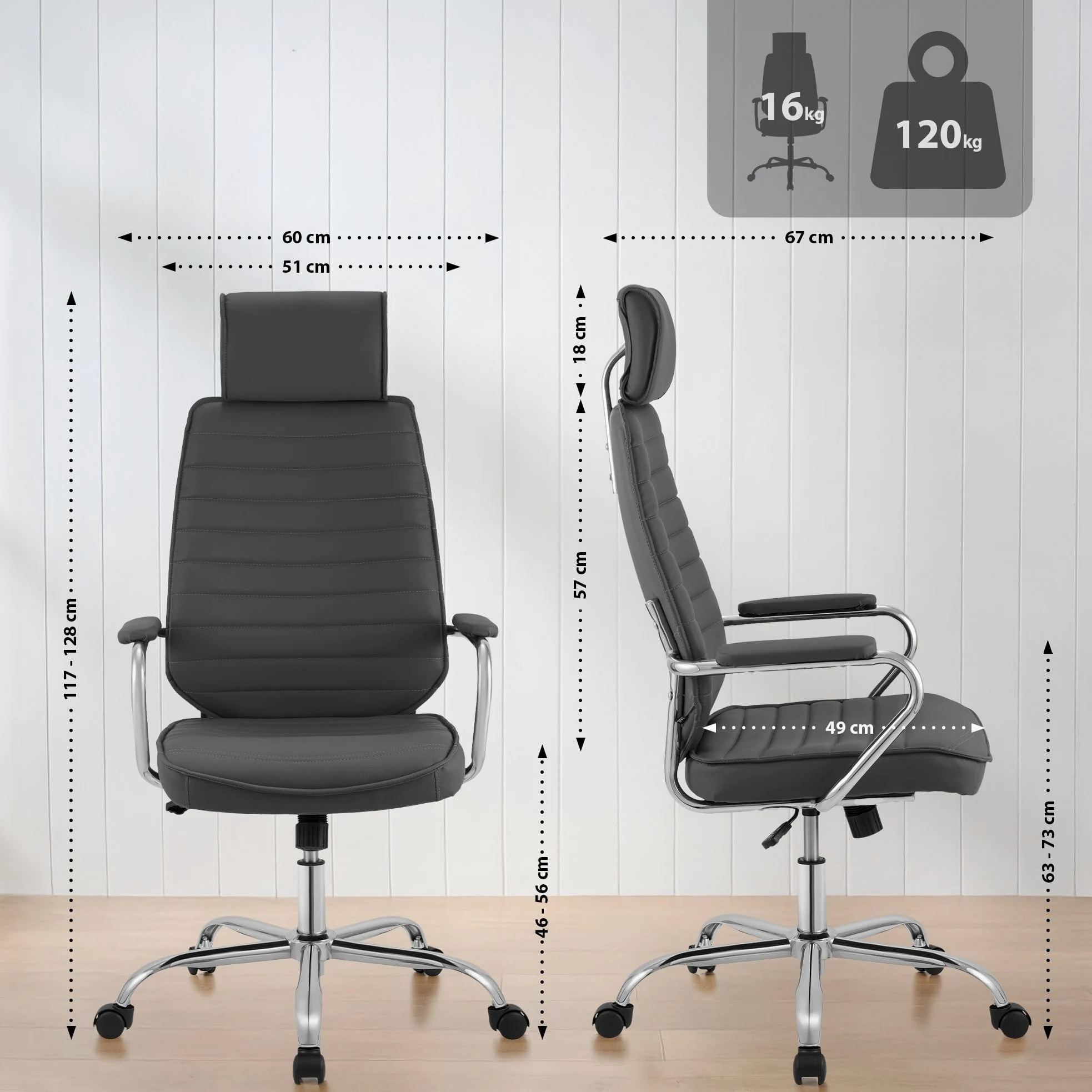 CLP Chaise de Bureau Ergonomique Rako, Réglable en Hauteur, Pivotante en Cuir Synthétique, Dossier avec Appui-tête, Accoudoirs Rembourrés, Couleur:Gris