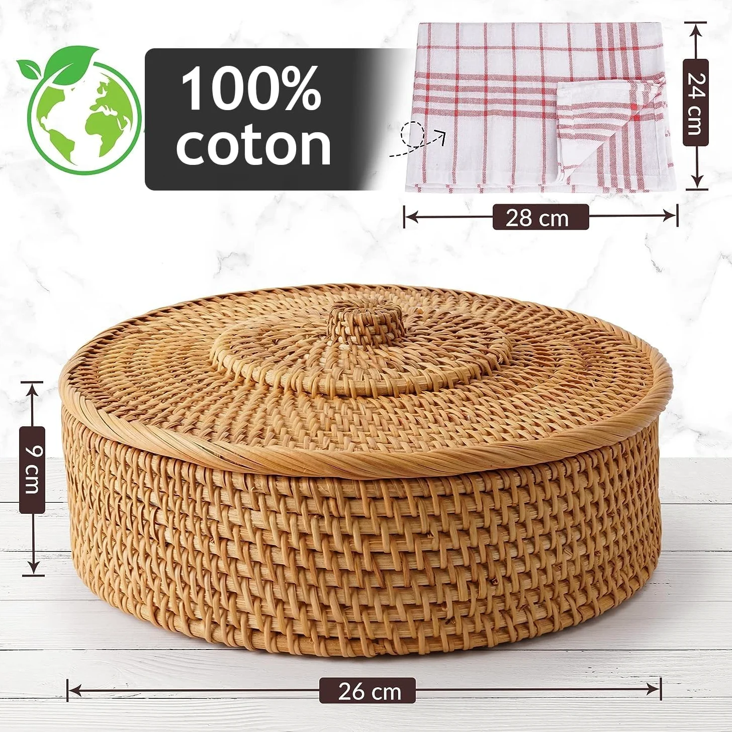 Tortillada - Chauffe Tortillas 26 cm Rotin – Panier à Pain Fait Main pour Tortillas, Wraps et Pain Plat – Avec Tissu en Coton, Garde les Aliments Chauds