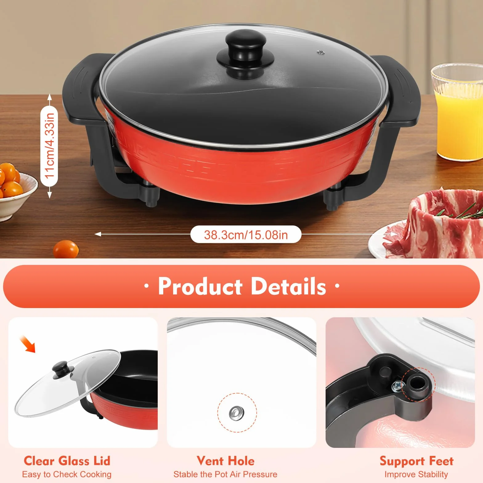 Hot Pot électrique à fondue 6 l Double face séparable – 1360 W, 5 niveaux de réglage de la température, fond à induction antiadhésif, pour hotpot, fondues, rôtis et braiseurs, 3 à 4 personnes (220 V)