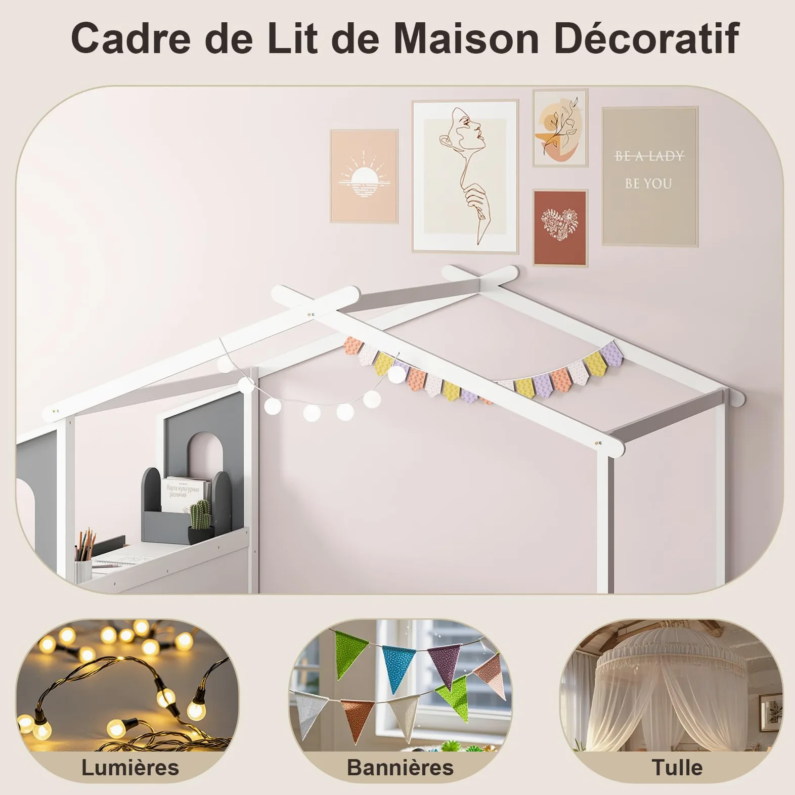 COSTWAY Lit Cabane Enfant 140 x 200 cm avec Grand Bureau, Lit Maison Double en Bois avec sommier à Lattes, Crochets et Tiroirs, Cadre de Lit Plateforme pour Garçon et Fille, Blanc et Gris