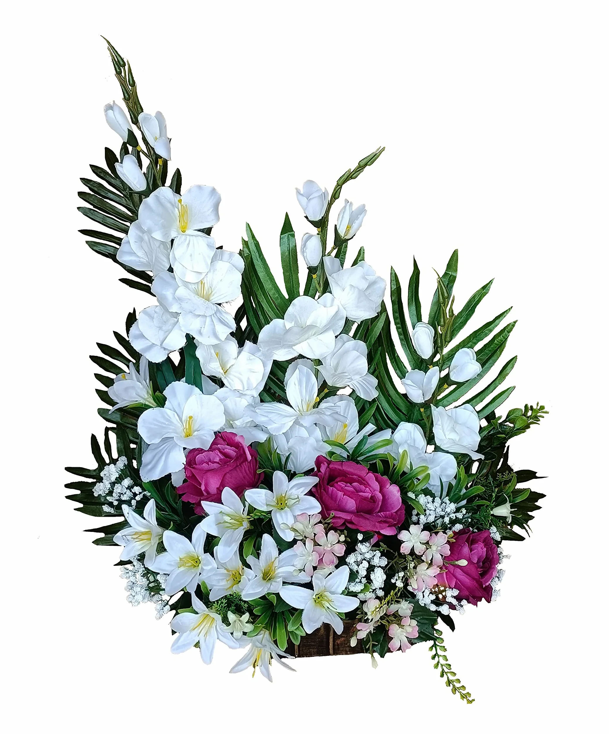 DRW Centre de Fleurs artificielles Cimetière, Saints, Anniversaires Ronds Roses Violettes et glaïeuls 50 cm x 60 cm Hauteur x 25 cm Profondeur
