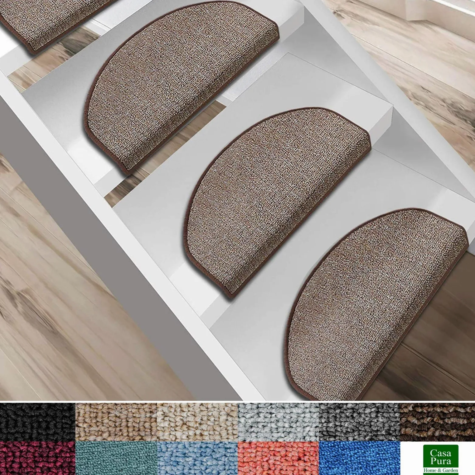 casa pura - Kit de 15 marchettes d'escalier Autocollantes - Tapis d'escalier Surface antidérapante - Nez de Marche Doux et Isolant phonétique - modèle London Demi-Lune 25x65 cm, Marron Clair
