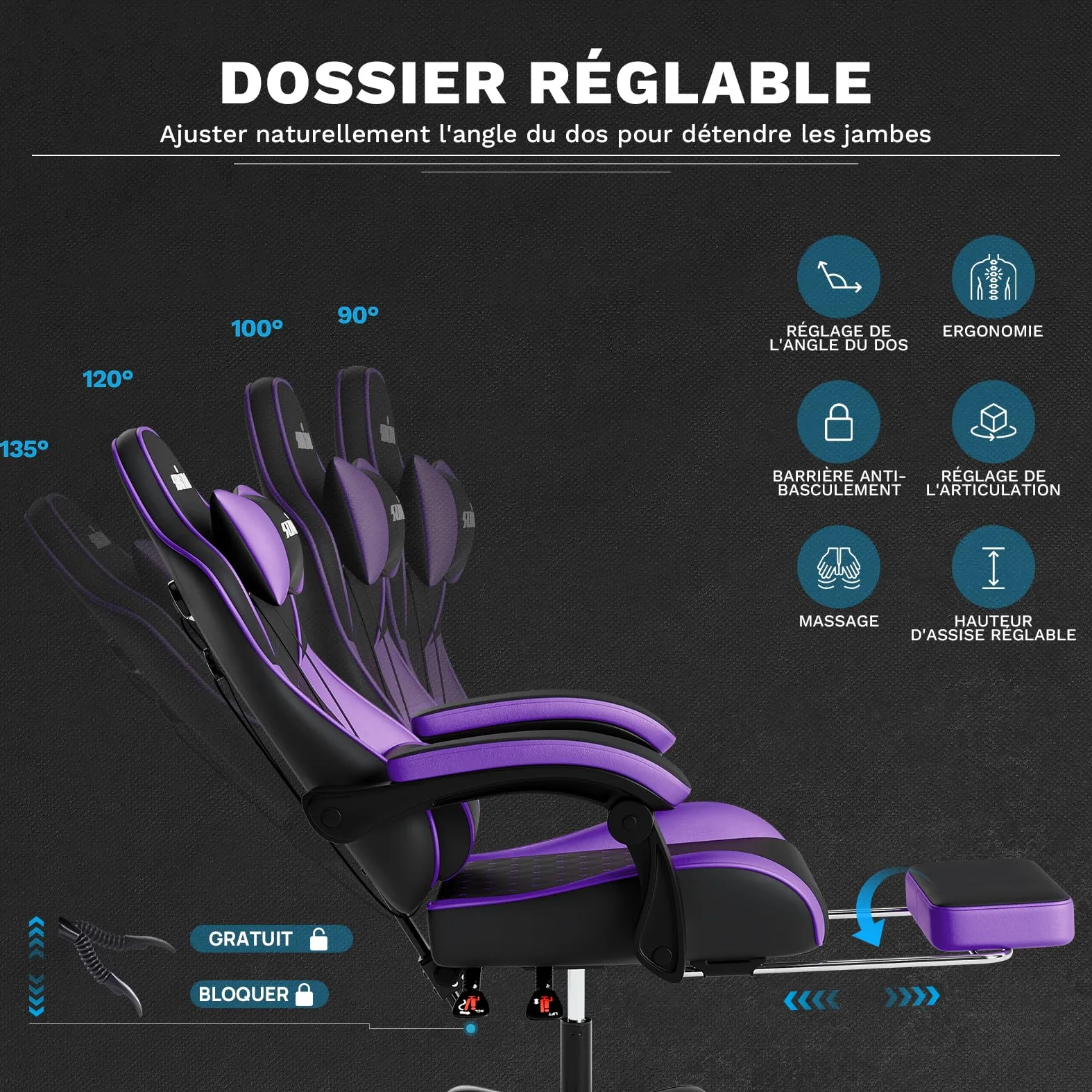 SUKIDA Chaise de Jeu, Chaise d'ordinateur Ergonomique avec Repose-Pieds, Chaise de Bureau Confortable avec appuie-tête, Chaise de Jeu Massage pour Adulte, Chaise d'ordinateur réglable en Hauteur