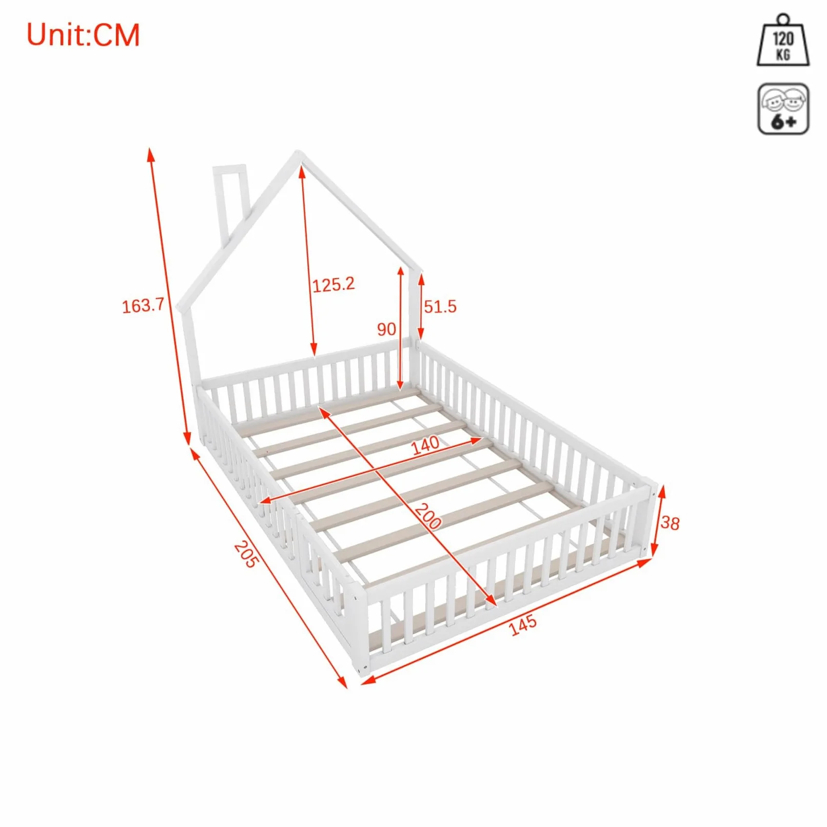 Lit Au Sol Enfant,Lit Cabane Enfant 140x200 avec Sommier à Lattes Solide,Porte,Barrière de lit,pour Enfants,Pin (Blanc, 140x200)