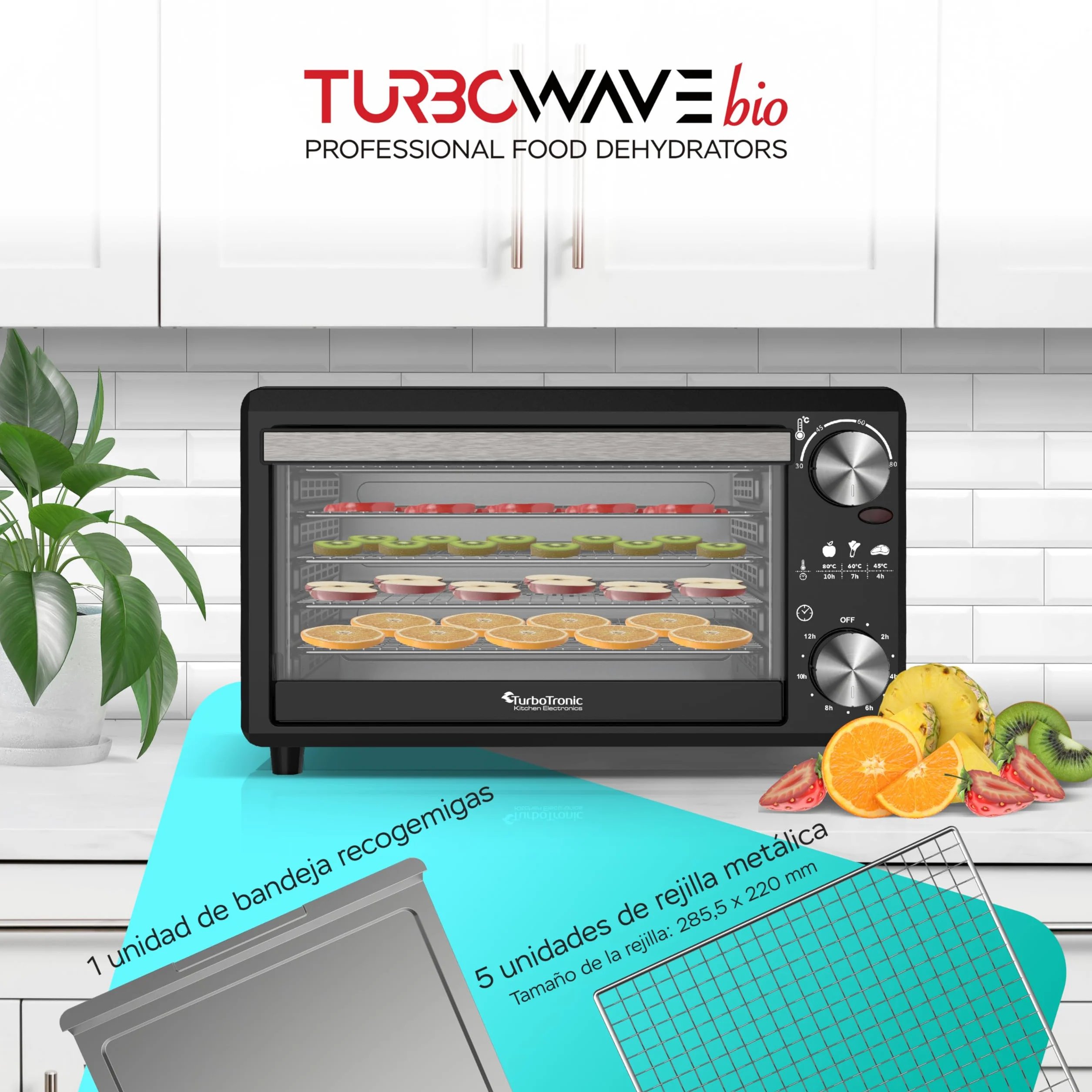 Déshydrateur TurboWave BIO entièrement en métal, 14 litres, fourni avec grilles, minuteur et cahier de recette, dehydrator food (14 Litres)