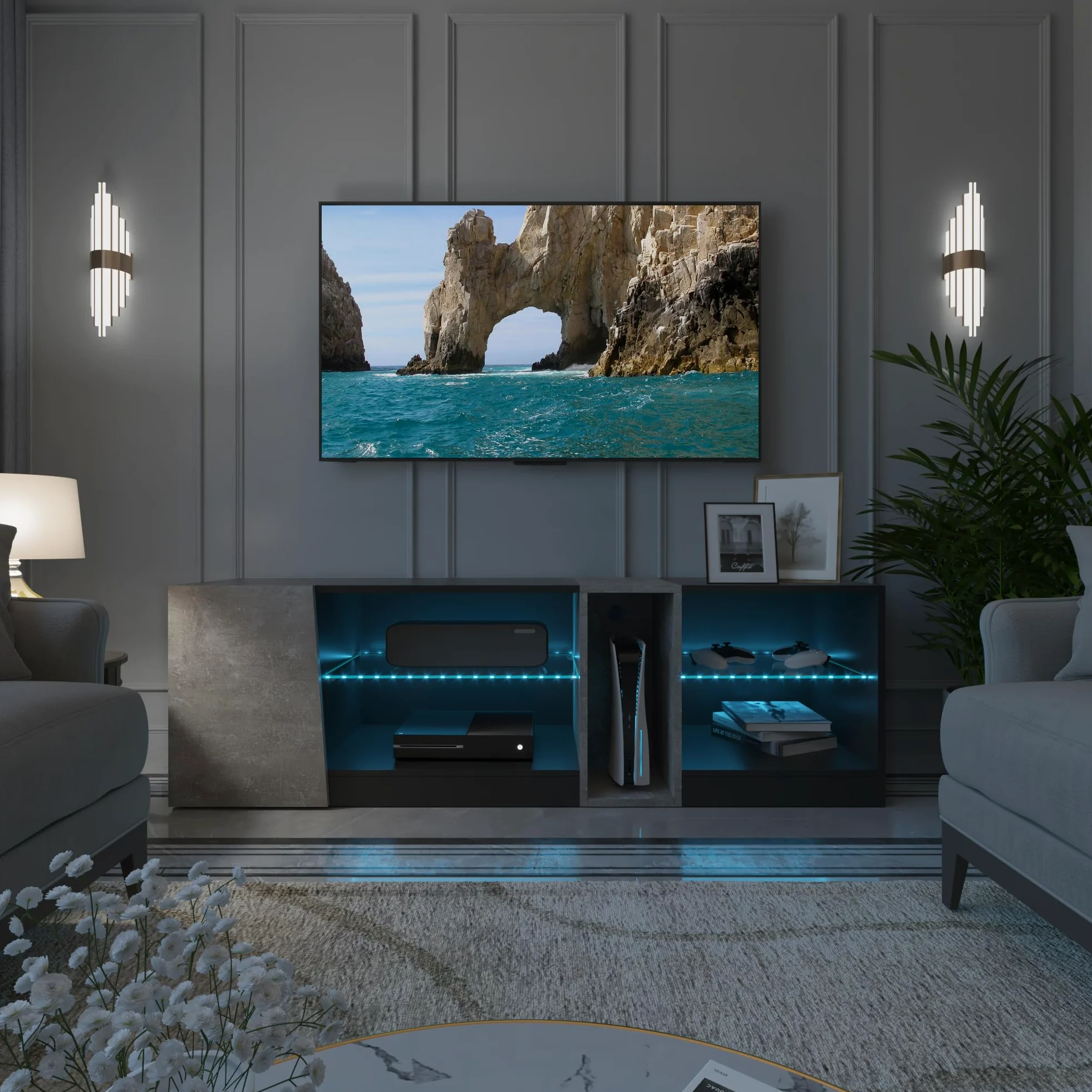 Mondeer Meuble TV, Support Télé LED avec 5 Compartiments et 1 Porte, pour TV de 55 Pouces, pour Salon Chambre à Coucher, W140 x H45 x D37,5 cm, Noir et Gris