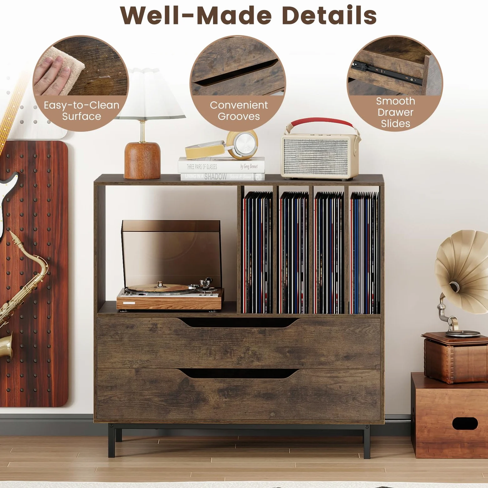 GIANTEX Meuble Platine Vinyle, Support pour Vinyles avec Compartiments Ouverts, 4 Séparateurs, Pieds Métalliques et Tiroir, Étagère pour Disques en Bois pour Salle de Musique, Salon (Marron)