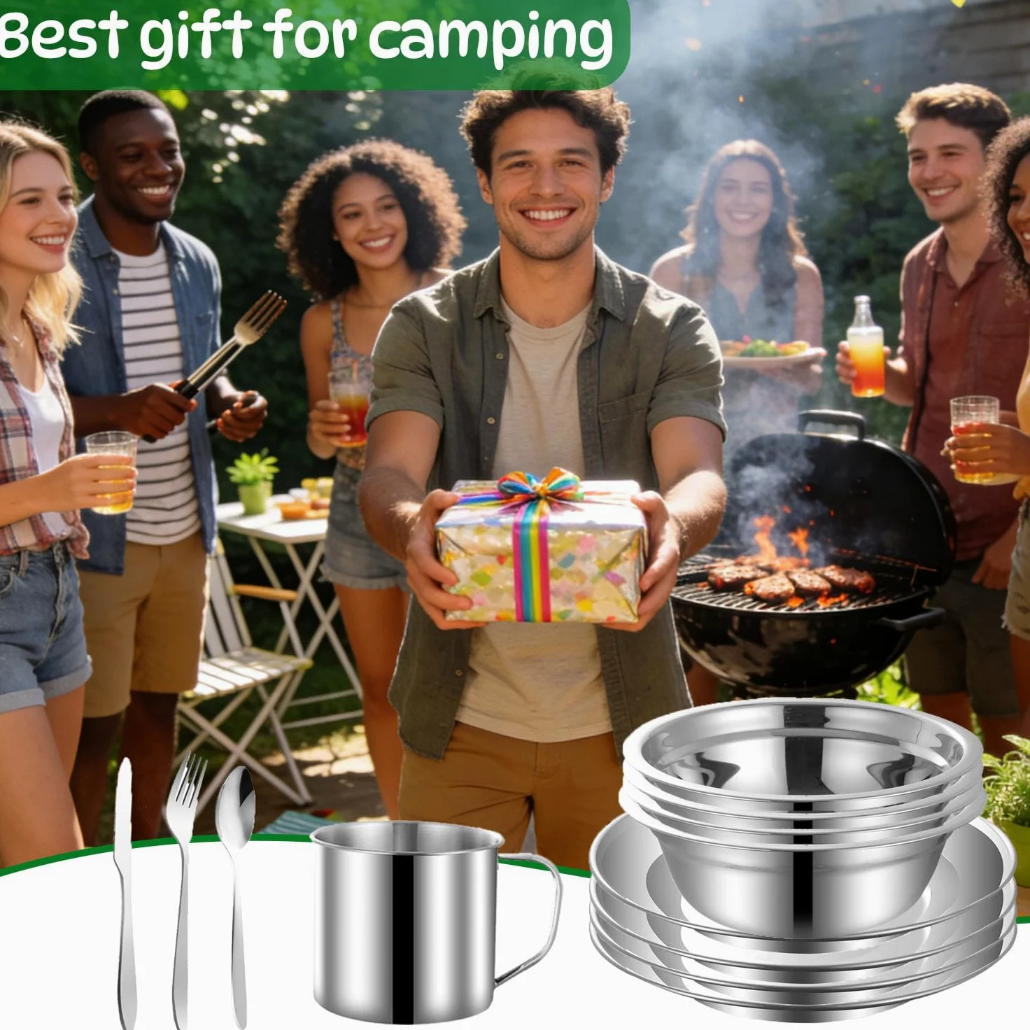 Couvert Camping pour 4 Personnes,29 pièces Couverts Camping Acier Inoxydable Assiette Tasse Couteau Fourchette Cuillère Sac Rangement,pour Famille et Amis Randonnée Pique-Nique Voyage
