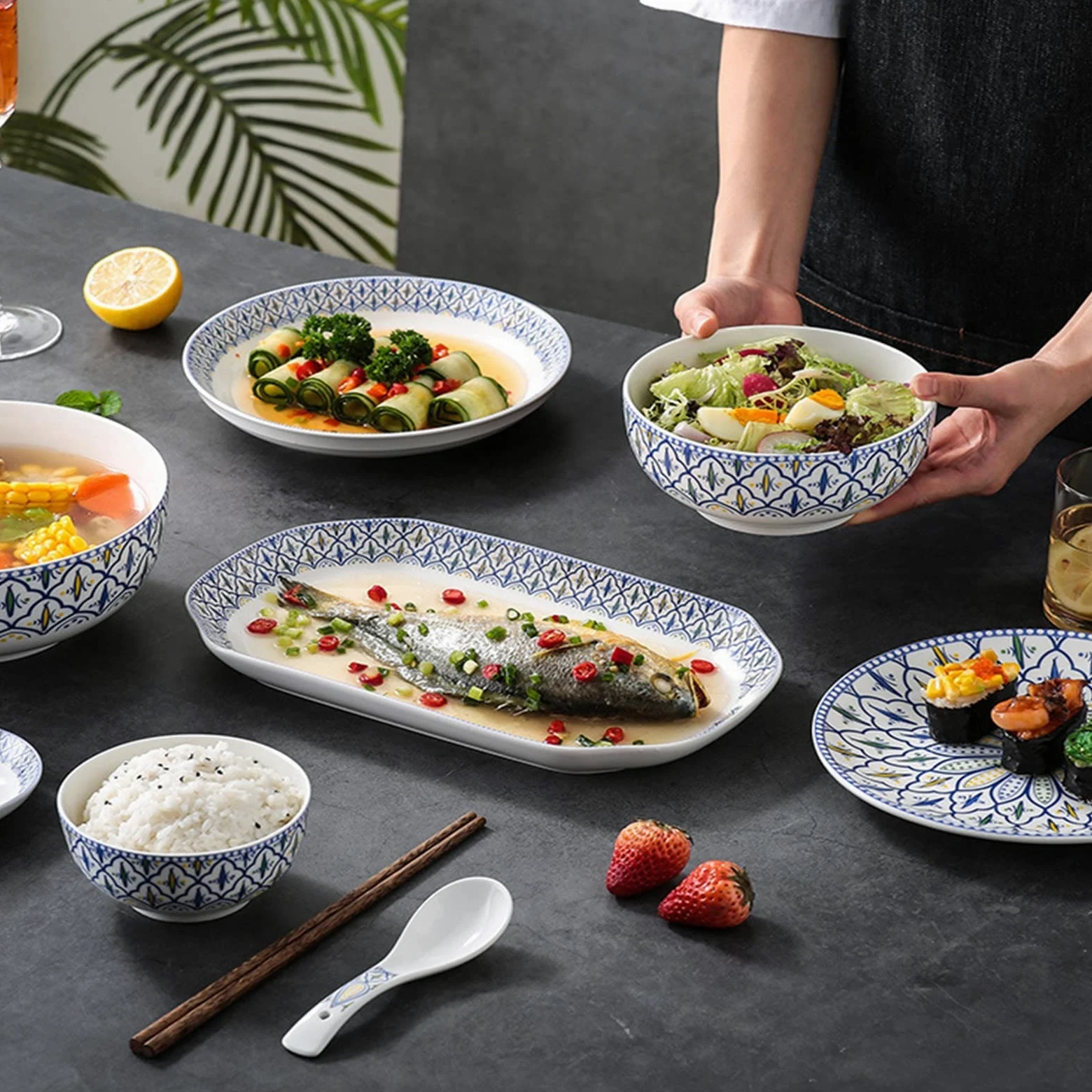 Service de Table en céramique pour 6 à 25 pièces, Service de Vaisselle, Services de Table de Cuisine avec Assiettes Plates, Assiettes à Salade et Bols, Lavable (