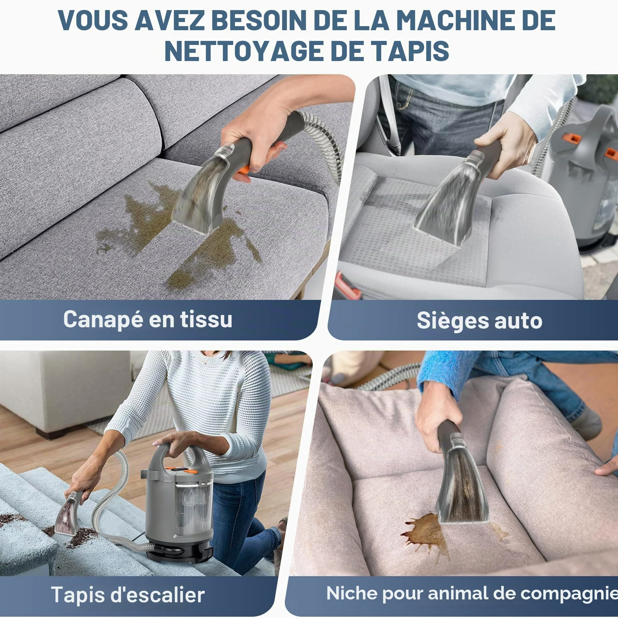 Nettoyeur de tissus d'ameublement 400 W, 12 kPa – Aspirateur portable avec système à 2 réservoirs, nettoyant pour tapis et détachant pour canapé, tapis, voiture, lit et tapis