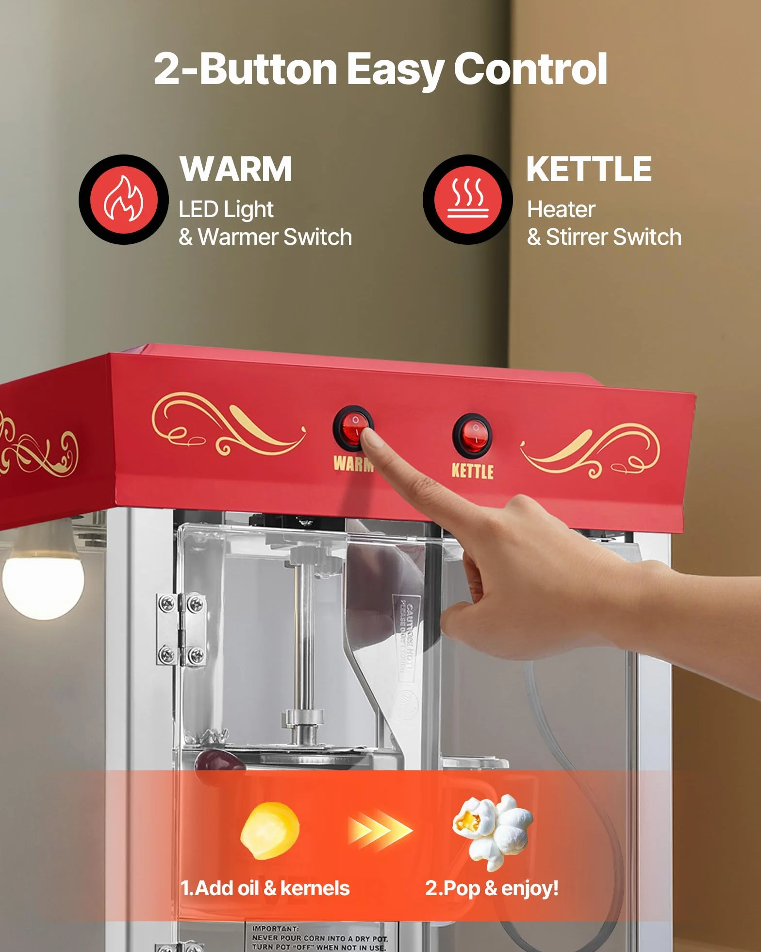 VEVOR Machine à Pop Corn avec Chariot, Éclateur de Maïs 800 W, Grand Bol en Inox 0,2 kg, 48 Tasses par Lot, avec Commande à 2 Boutons, Paroi en Verre, Porte PC, Pelle Doseuse et Cuillères, Rouge
