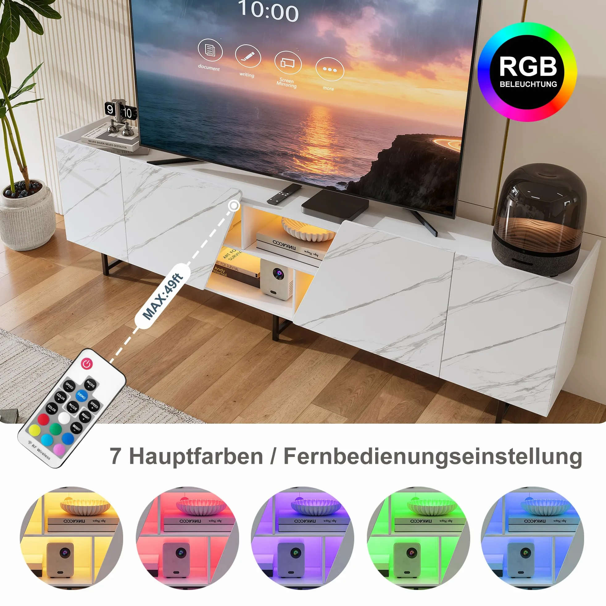 Meuble TV 220 cm avec éclairage LED RGB, Meuble TV Effet marbre avec 4 Portes et étagères Ouvertes, Meuble télévision Moderne avec Pieds en métal pour Salon