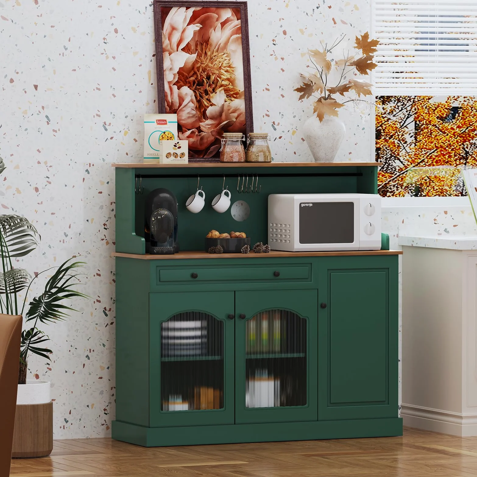 HOLTICO Vaisselier Buffet de Cuisine avec Plan de Travail, Meuble pour Micro-Onde et Bar à Café, avec Armoire de Rangement, Tiroir et Étagères, pour Salle à Manger, Salon, 120 x 120 x 40 cm, Vert