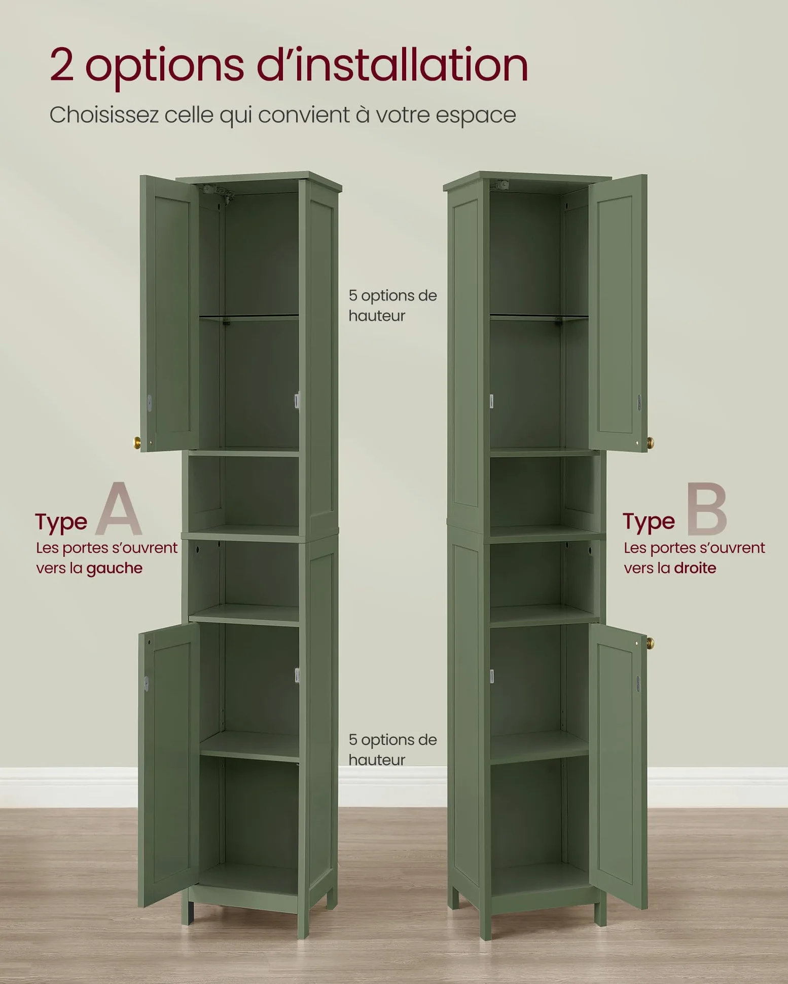 VASAGLE Armoire de Salle de Bain Haute avec Éclairage, Meuble de Rangement Mince, avec Étagères Réglables, Largeur 40 cm, pour Les Petits Espaces, Moderne, Vert Forêt BBC766CH03