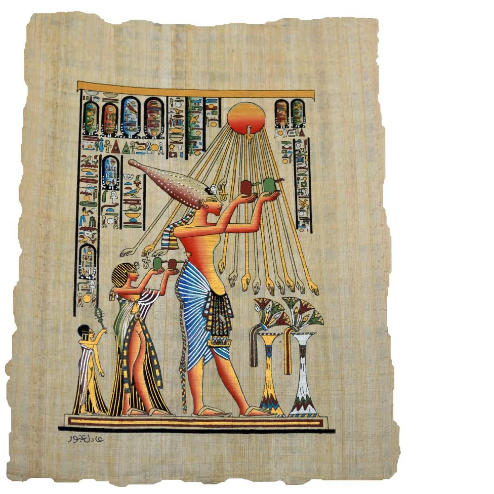 Horus Artesanía de Egipto Papillon Original fabriqué à la Main et Peint à la Main en Égypte, Akenaton ou Amenofis IV avec Nefertiti, Mesure 33 x 43 cm Environ. Réf.26V-F