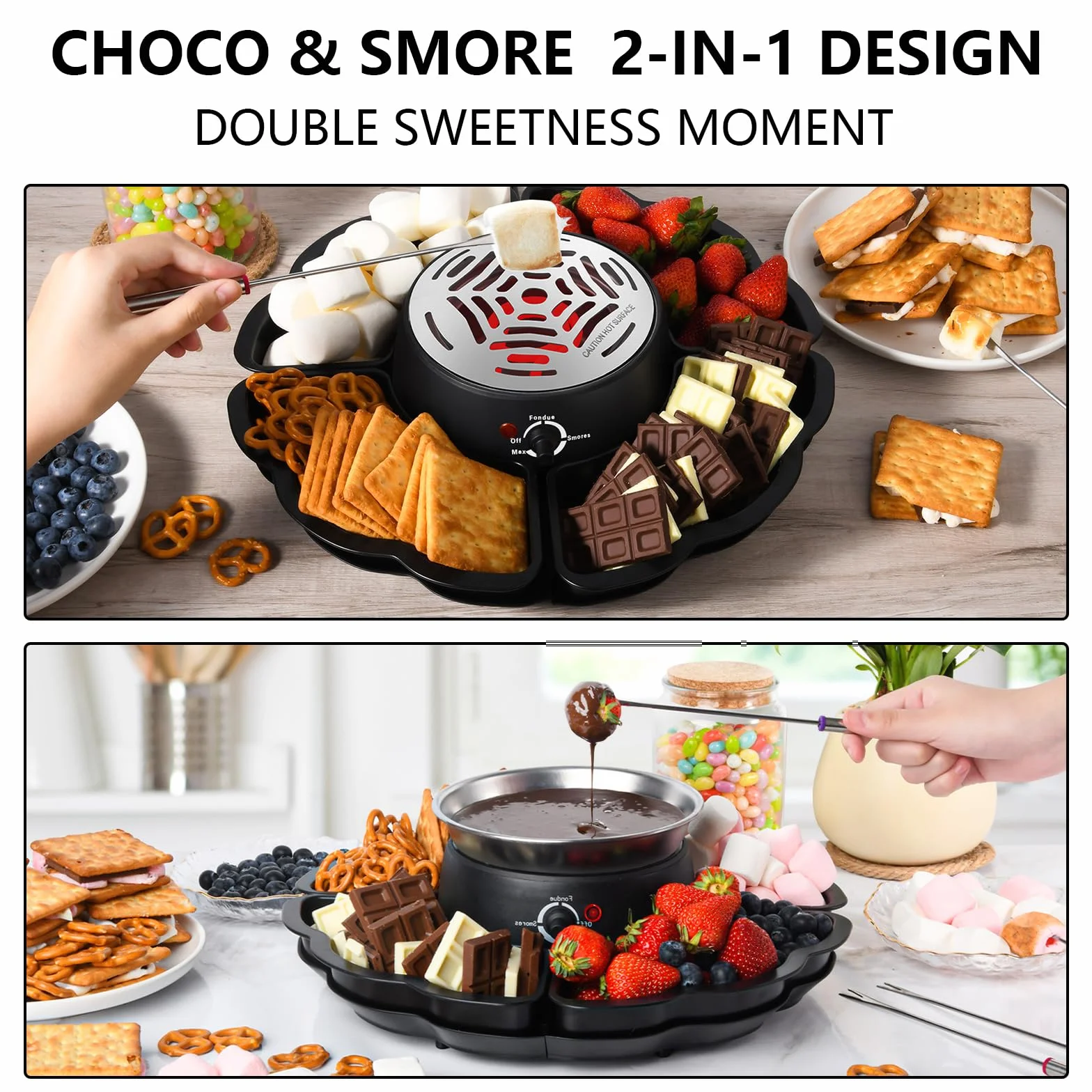Set à fondue au chocolat 12 pièces avec plateau à fruits et biscuits, appareil 2-en-1 pour fondue et S’mores, chauffe-marshmallow électrique à température réglable, idéal pour fêtes et famille