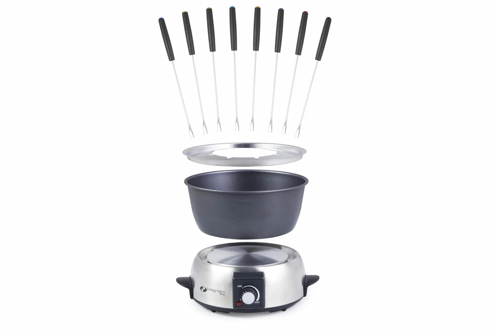 MAGNANI Appareil à fondue électrique pour 8 personnes. Fondue Chinoise, Bourguignonne, Savoyarde, Chocolat. Services à fondu capacité 1,75 Litres 800W.