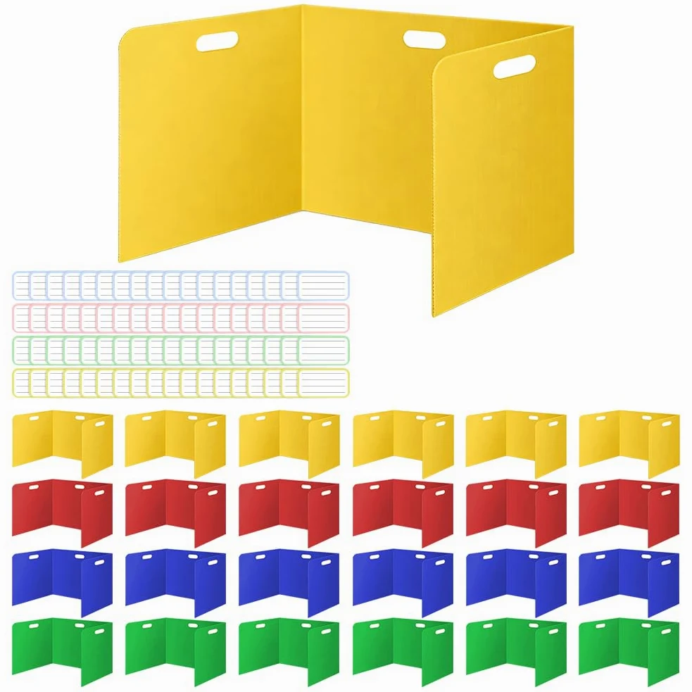 Lot de 24 cloisons de séparation pliables pour bureau avec 72 étiquettes nominatives, portables, multicolores, pare-vue, cloisons étanches, pour l'école, le bureau, la bibliothèque, 42 x 36