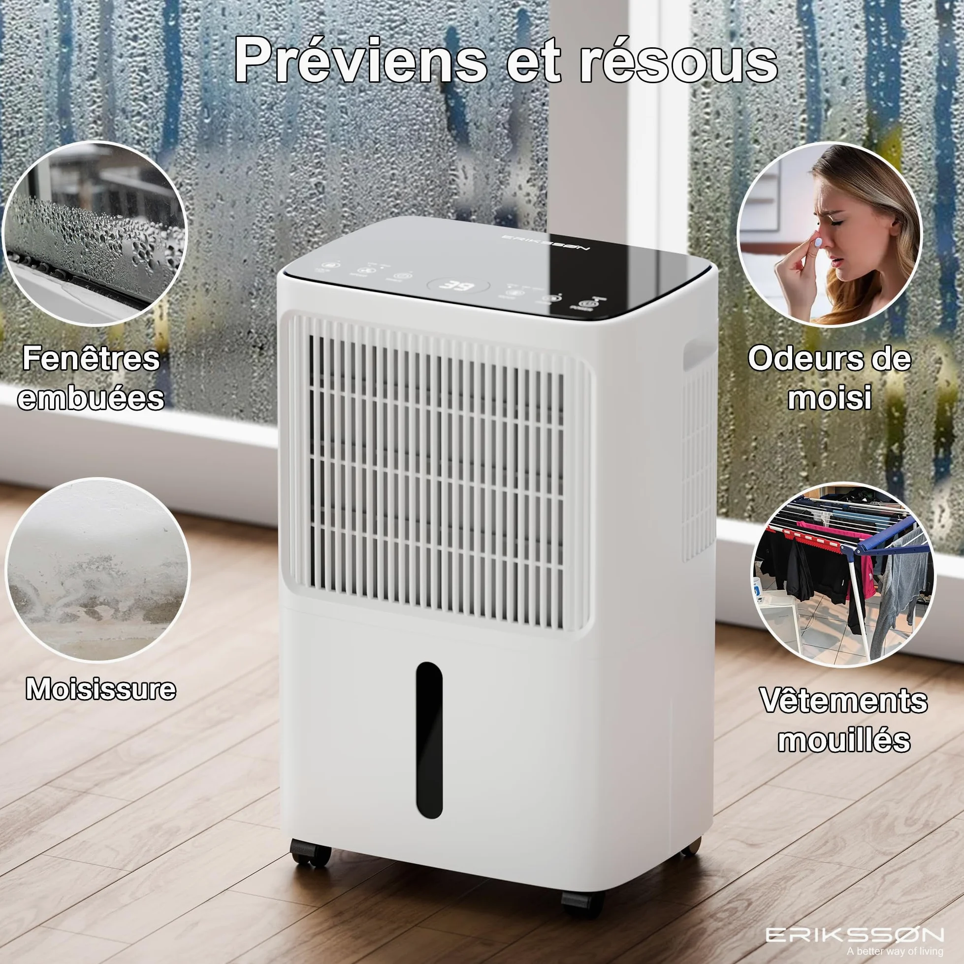 Déshumidificateur avec affichage LED, minuterie et sécurité enfant | Élimine 16 L d'humidité par 24 h | Pour une pièce d'environ 70 m² (140 m³) | écoénergétique avec capteur d'humidité