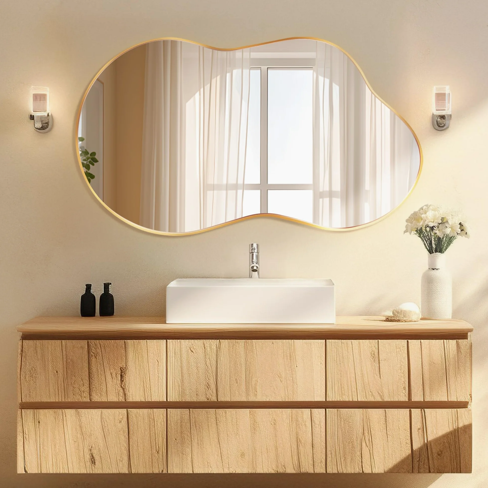 Miroir Mural Irrégulier, Miroir Décoratif Asymétrique avec Cadre en Alliage d’Aluminium Qualité Aviation pour Salle de Bain, Chambre, Salon, Entrée