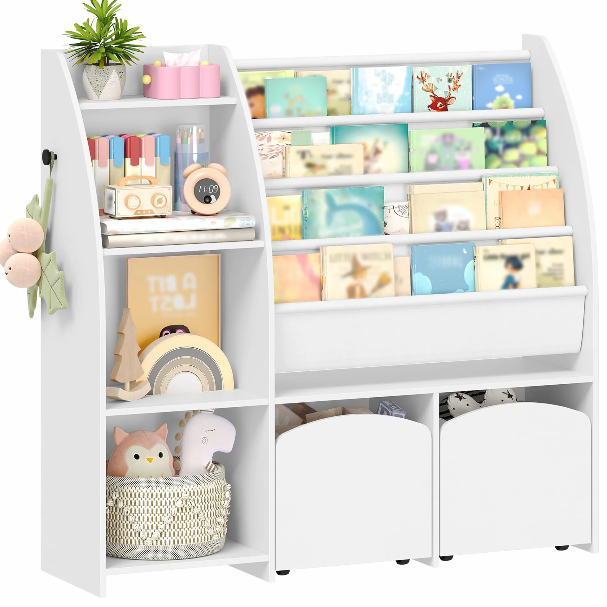 Hzuaneri Bibliothèque Enfant avec Porte-journaux, Meuble Rangement Enfant, Étagère à Jouets avec 2 colonnes, 4 étagères, 30 x 105 x 100 cm, Blanc KB12003W
