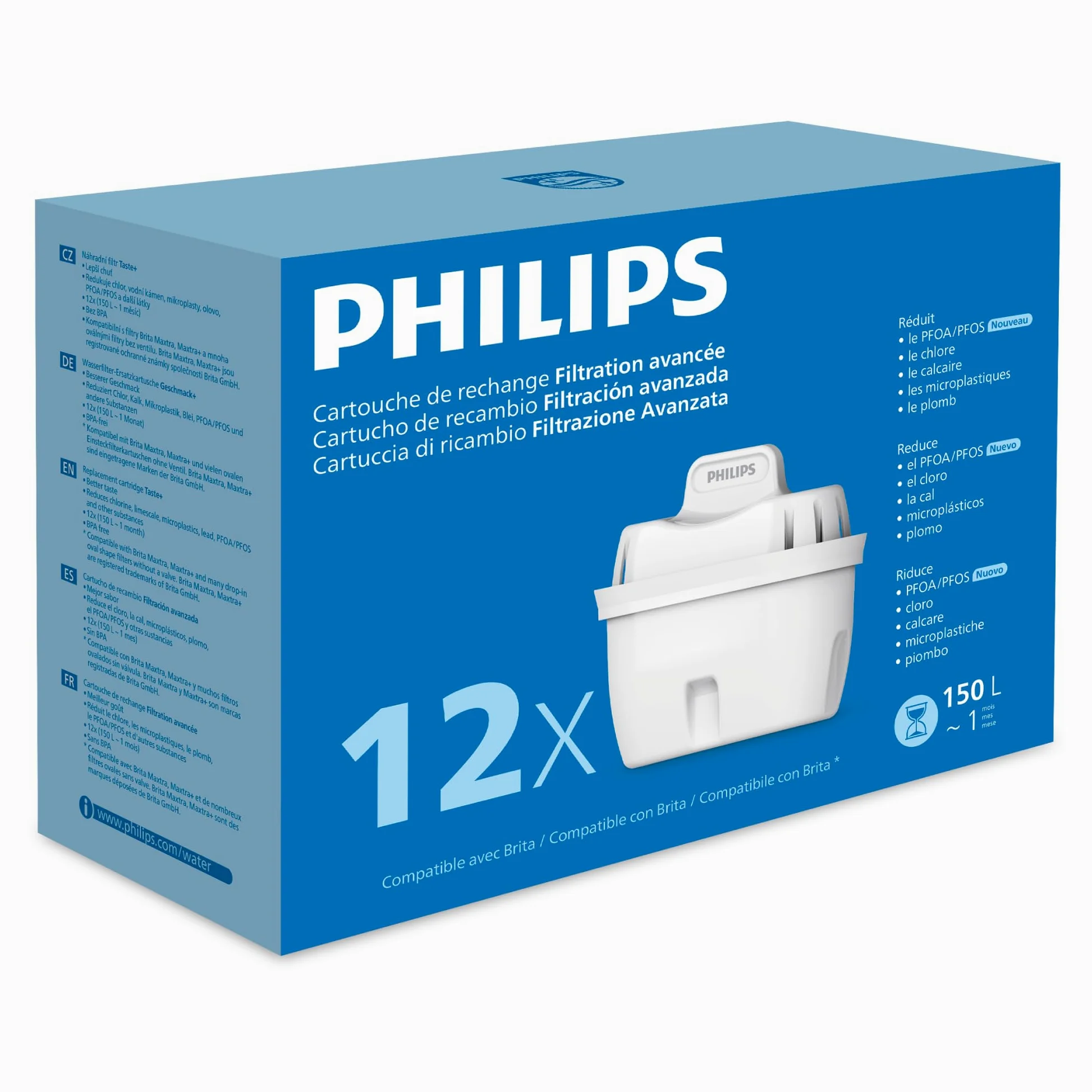 Philips Water Cartouches filtrantes de rechange Filtration avancée, paquet de 12, réduisent les MICROPLASTIQUES, le CHLORE, le CALCAIRE, les MÉTAUX LOURDS, Compatible avec Brita*