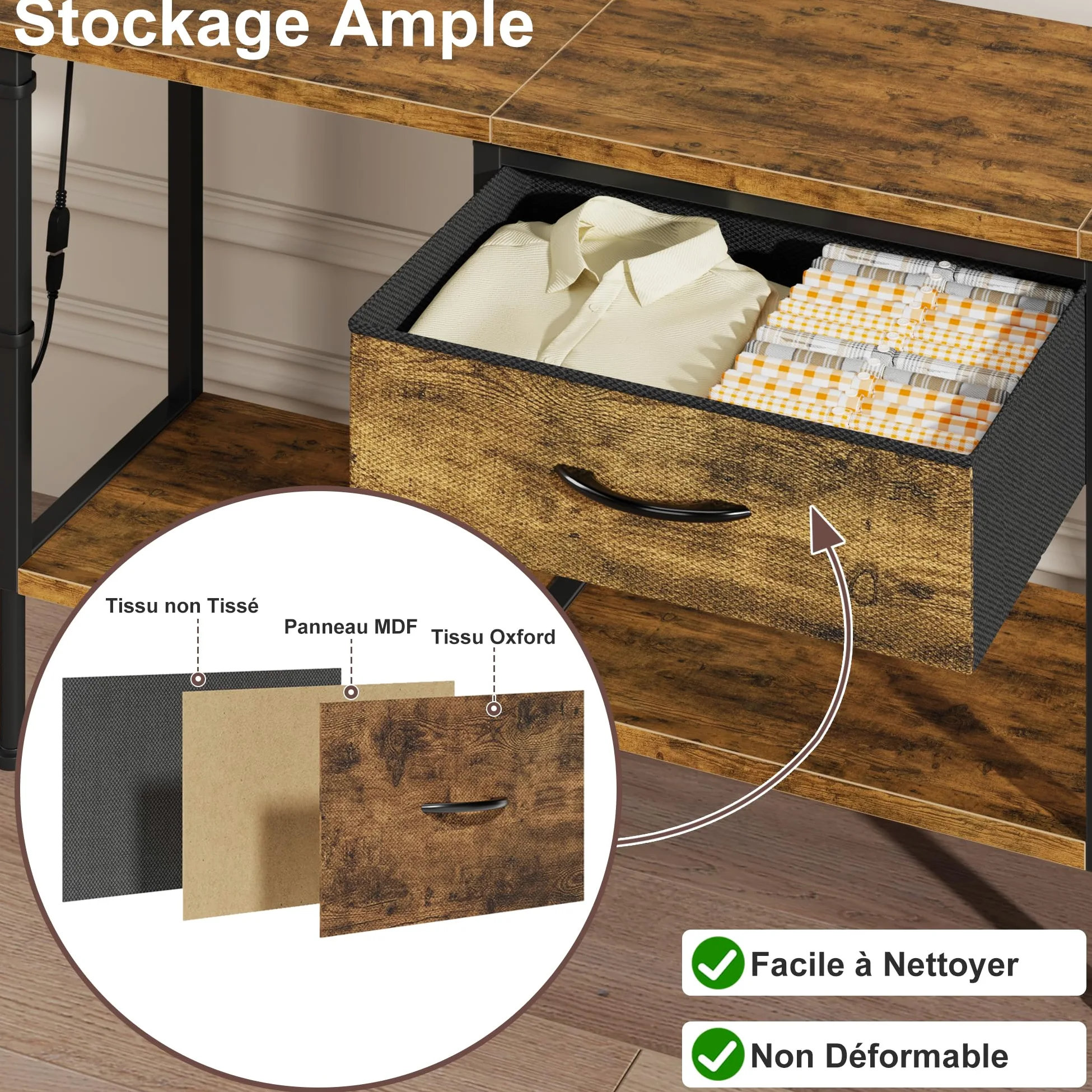 Meuble TV avec Prise et Ports USB, Table Television Salon à Éclairage LED avec Tiroir en Tissu et Étagères Ouvertes, Meuble TV 120 cm pour Téléviseur jusqu'à 55″ Marron Rustique