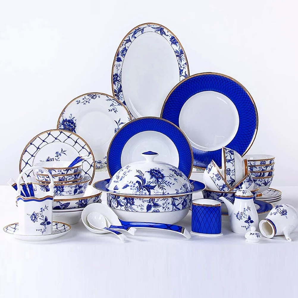 Service de Table en céramique pour la Maison, 60 pièces, Service de Table Haut de Gamme en Porcelaine Anglaise, Assiette/Bol/Pot à Soupe - Ensemble combiné en p(