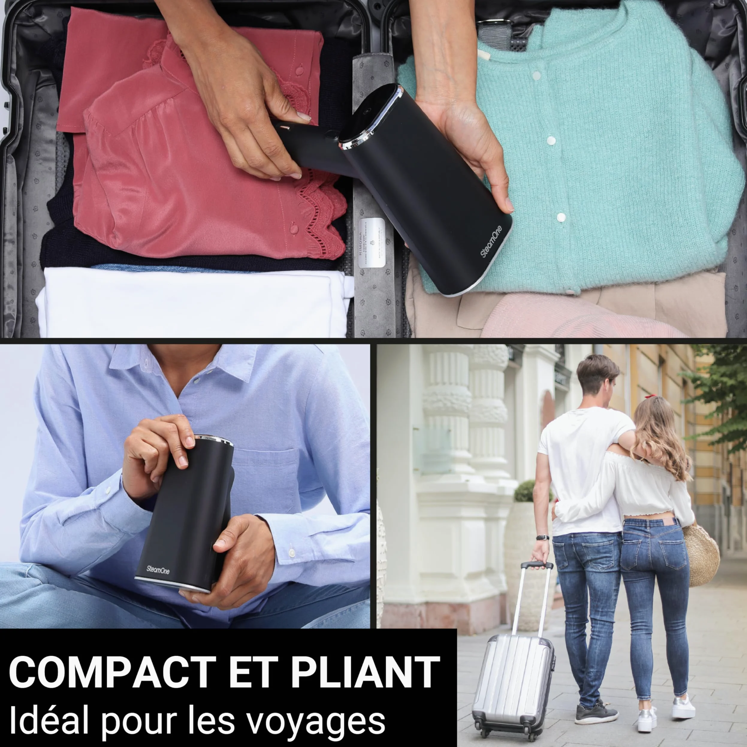 STEAMONE - Steamer Défroisseur à vapeur 2000W 35g/min - Fer portatif - Capacité 80 & 150 ml- Elimines 99,99% d'impuretés - Prêt en 15s - Cable 3m - Format compact - EUFD80BV2