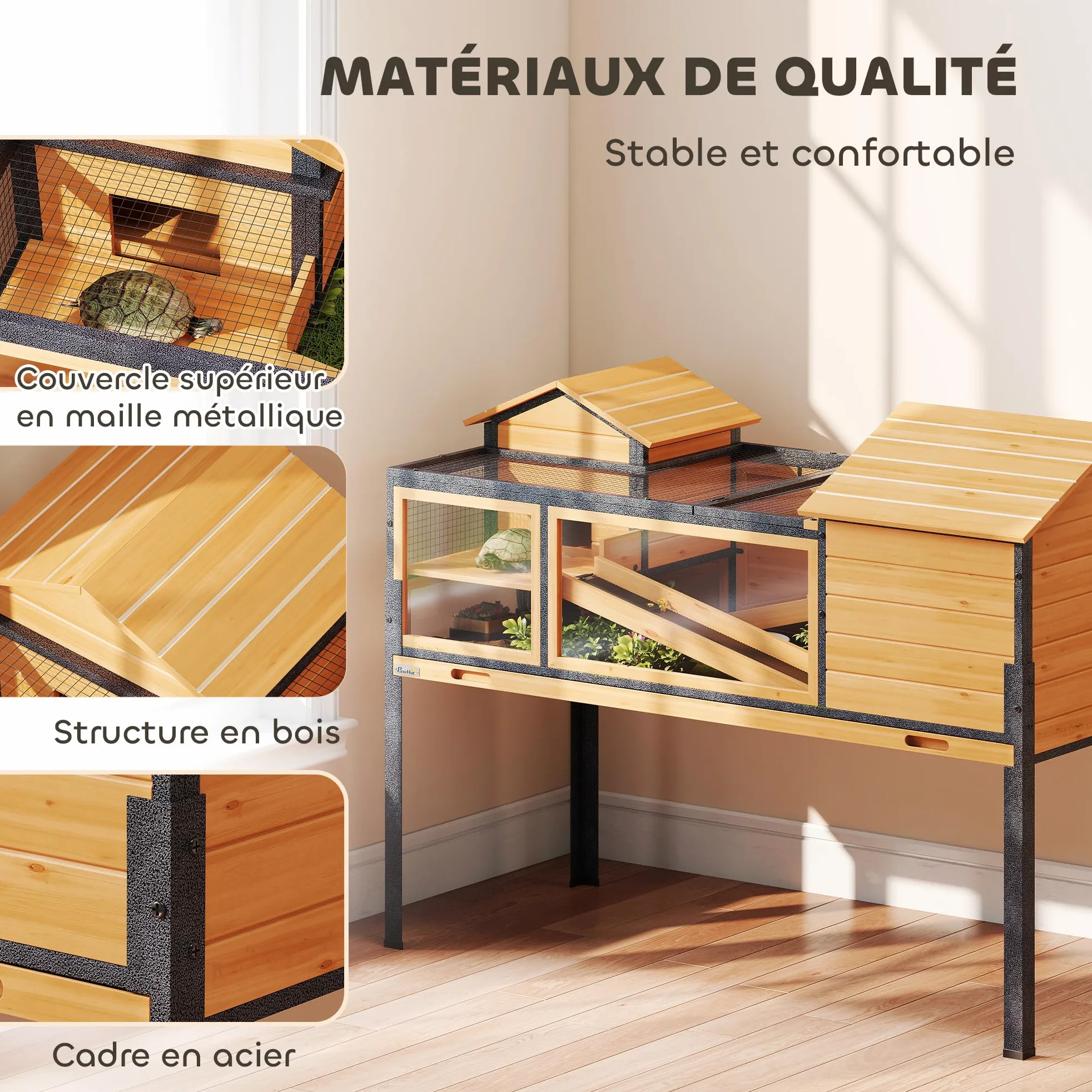 PawHut Maison pour Tortues, Habitat en Bois à 2 étages avec 2 Chambres, enclos intérieur extérieur avec rampes, Toit ouvrable et Plateau, Grande Cage pour Reptiles, 128x63x96cm, Jaune