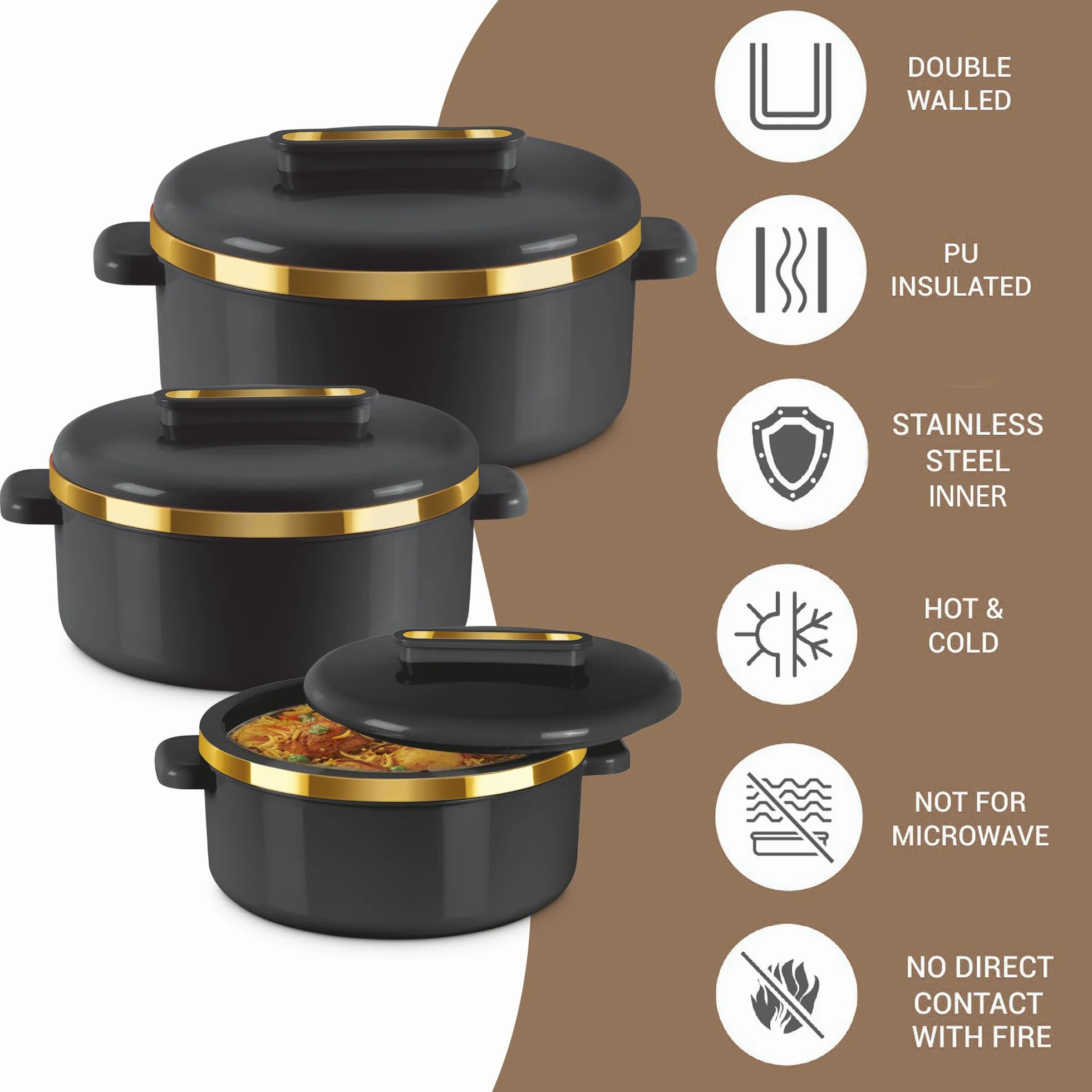 MILTON Lot de 3 cocottes isothermes avec couvercle 2,1/1,5/1 pinte – Bol de service thermique pour soupe/salade – Récipient à aliments chauds en acier inoxydable – Meilleur cadeau pour les mamans