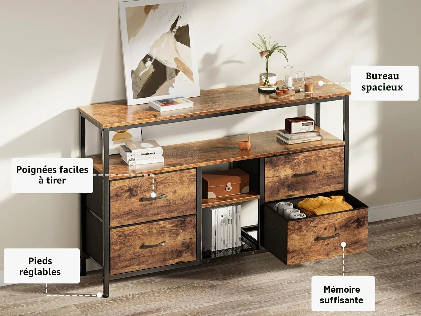 Armoire TV avec lumières LED - 108 x 30 x 78 cm - Meuble TV avec 4 tiroirs, 3 compartiments ouverts - Avec étagère en verre réglable - Pour salon, chambre à coucher - Marron - 108 x 30 x 78 cm