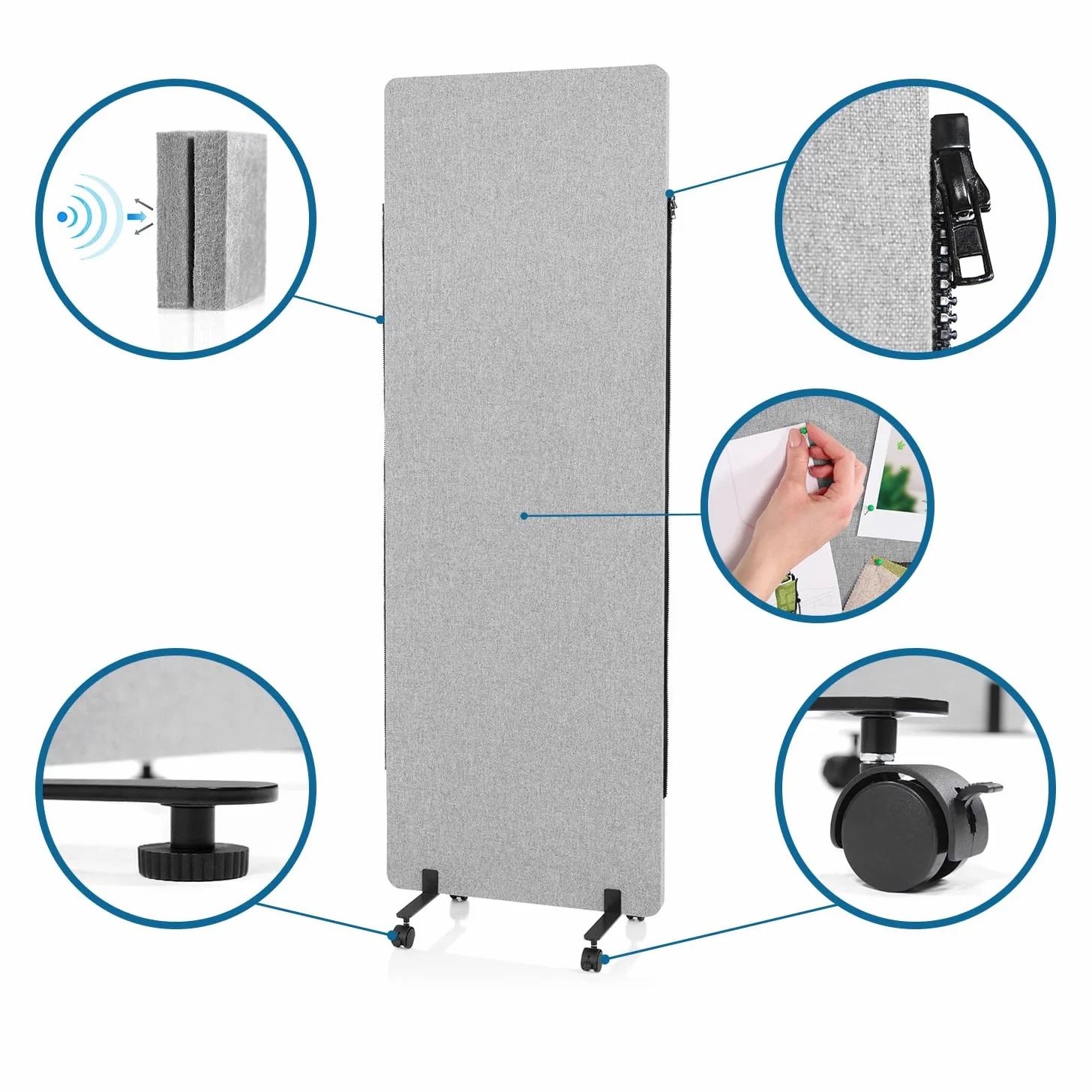 hjh OFFICE 891001 Cloison de Séparation Acoustique Mobiles FLEXMIUT 177 x 60 cm, Lot de 2, Paravent avec roulettes et Patins, Tissu Gris Clair