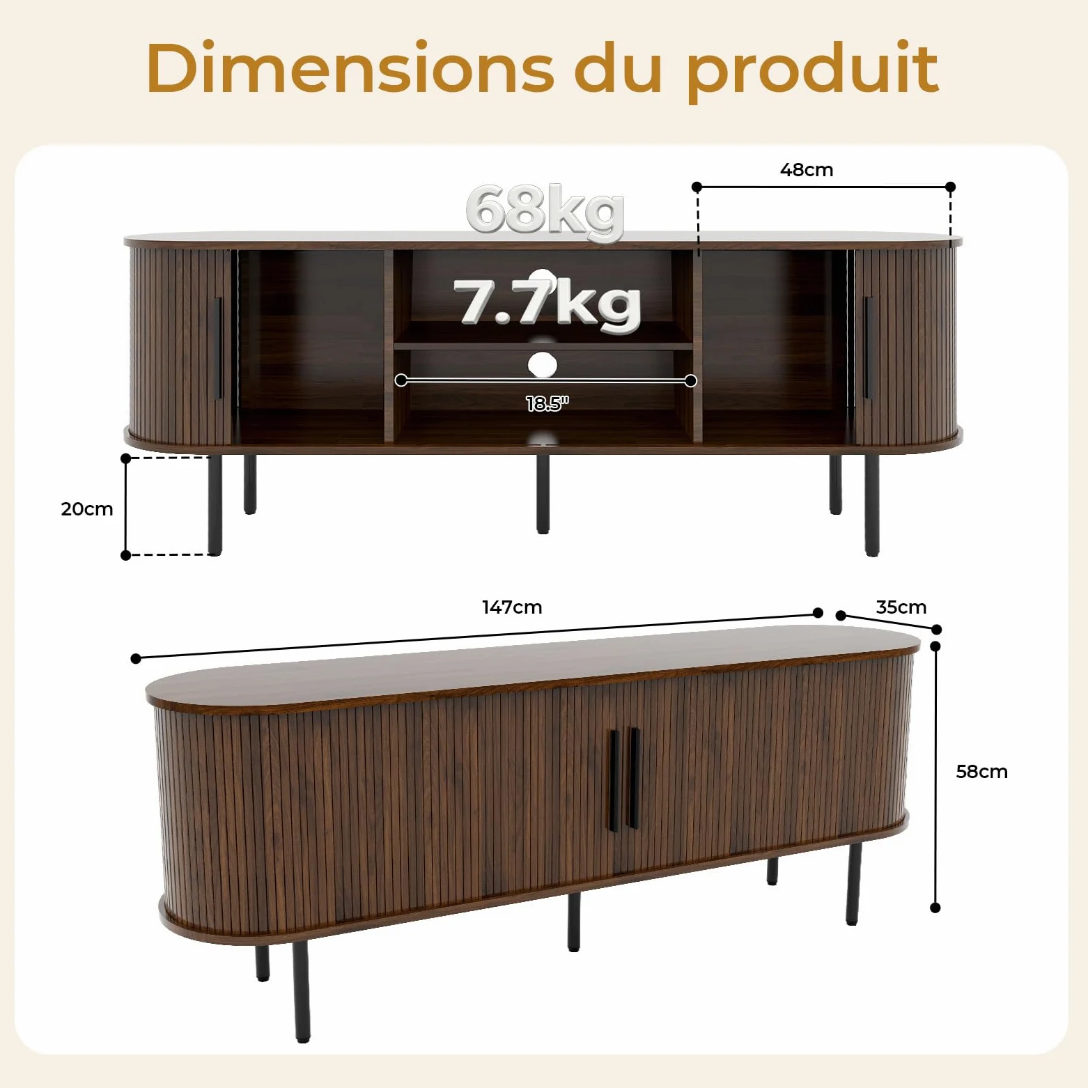 LEADZM Meuble TV avec 2 Portes Coulissantes Étagère Ajustable pour Salon et Chambre à Coucher, Style à lamelles Verticales, 147 x 35 x 58 cm (Noyer)