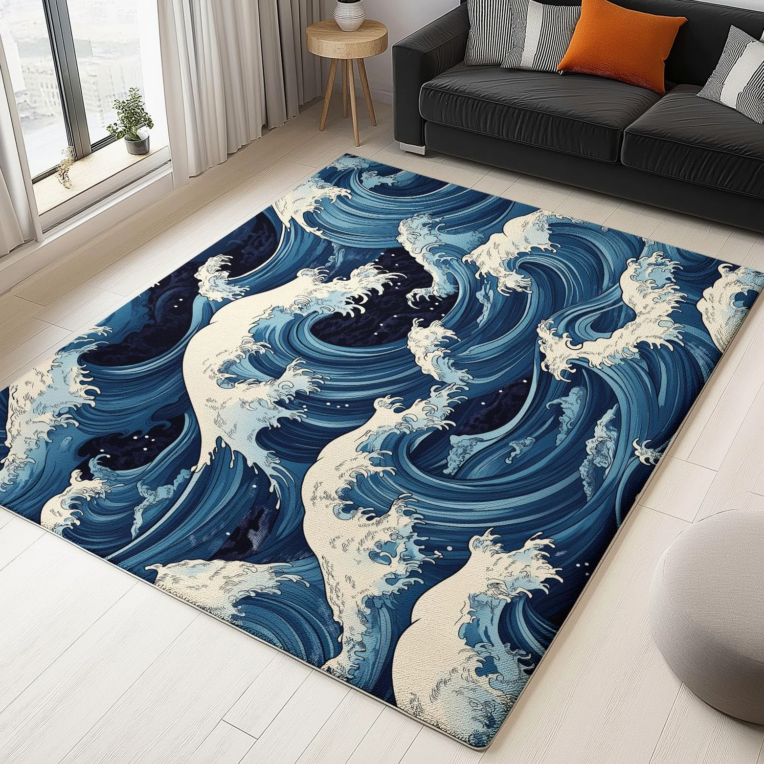 Tapis Poils Ras Motif Vagues À La Japonaise Tapis Salon Chambre Adulte Salle à Manger Bureau Tapis Imprimé à Poil Court Doux Fin Lavable 140 x 200 cm, Bleu Blanc