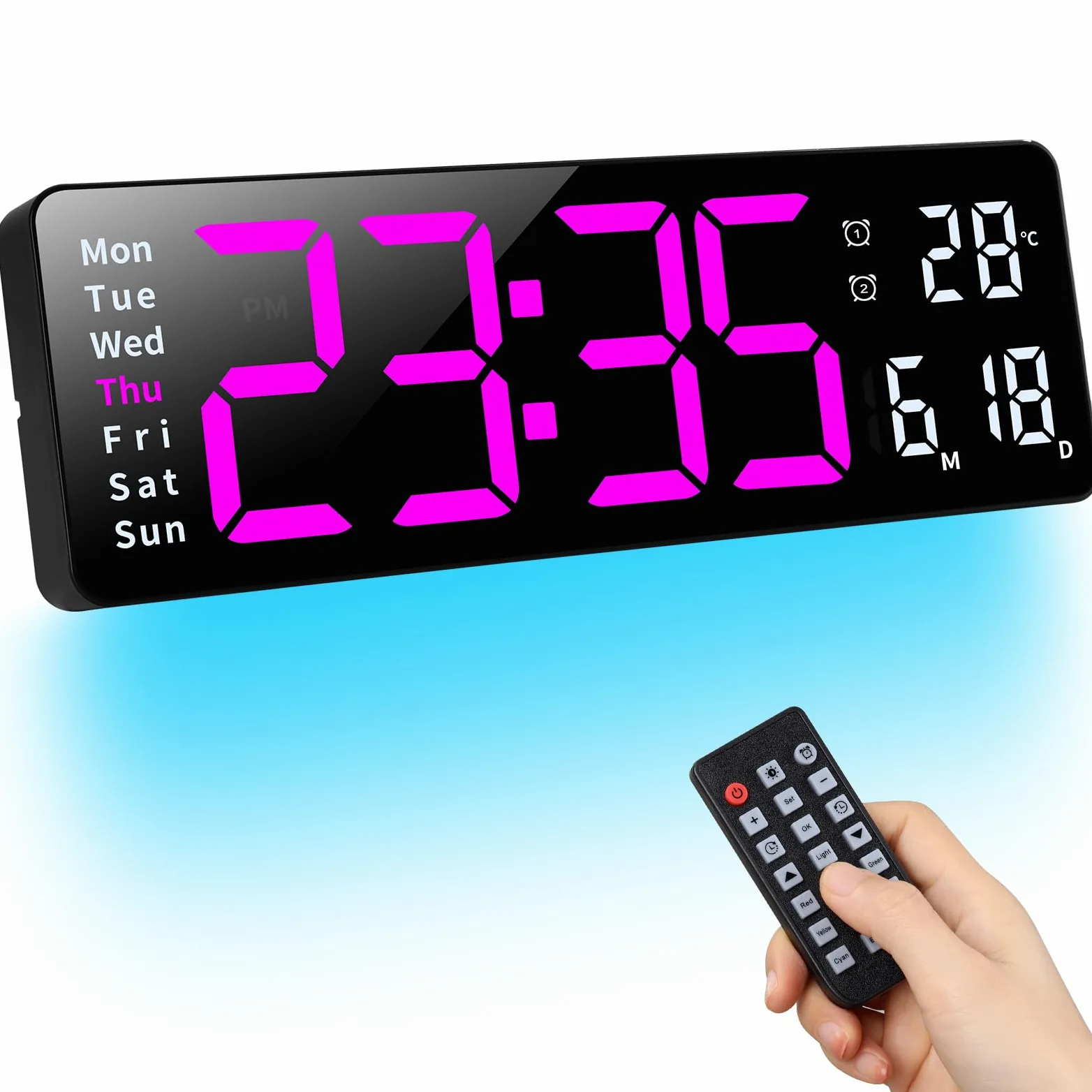 Fuloon Horloge Murale Numérique LED avec Télécommande Positif Compte à Rebours Luminosité Réglable Pendules Murales pour Salon Cuisine Bureau Gymnase (16 Pouces, Rose Rouge)
