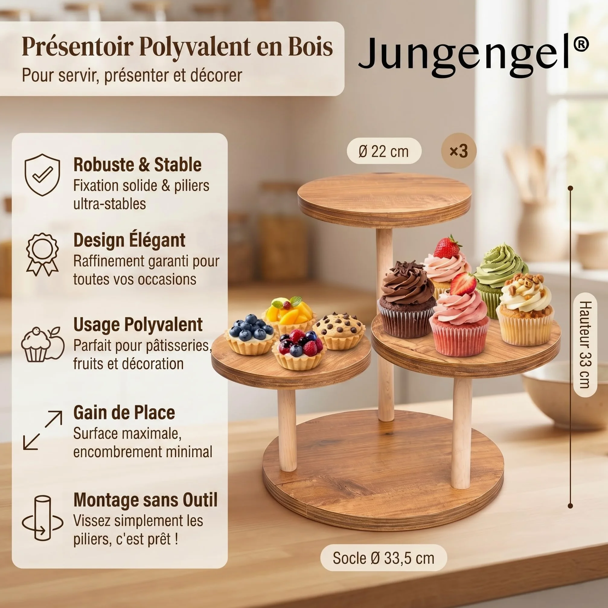 Présentoir à Gâteau 3 Niveaux en Bois Ø 22 cm stable | Support cupcakes, fruits & buffet apéritif. Montage sans outils, 3 niveaux décalés - idéal aussi en cadeau.