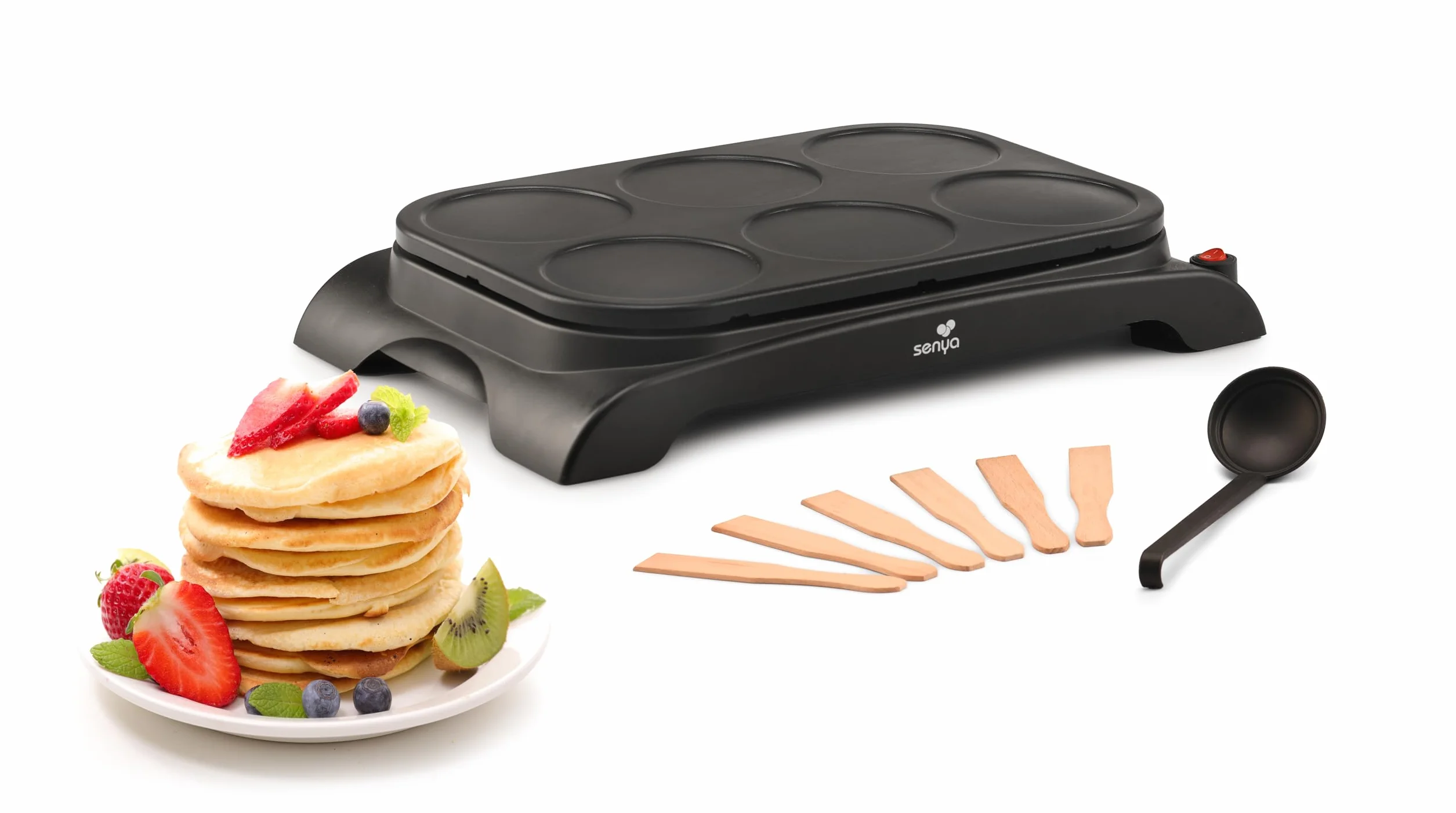 SENYA Crêpière électrique - Machine à crêpes 1000W - Plaque Antiadhésive Ø11,5 cm, Cuisson Rapide, crêpes, pancakes, 6 Spatules Bois + Louche, Mini Crêpe Party Facile à Nettoyer