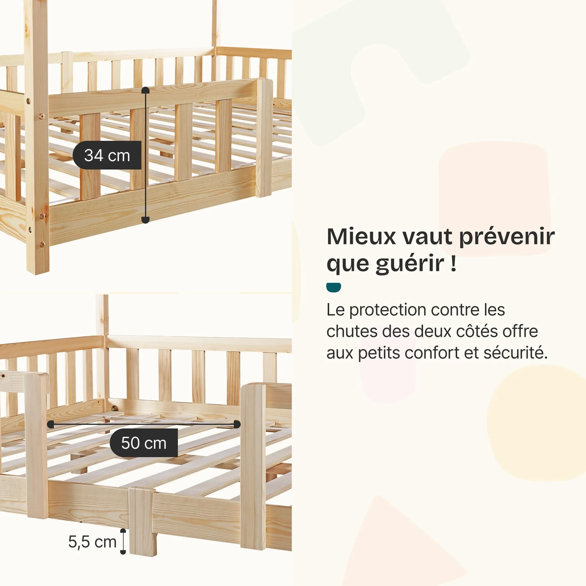 [en.casa] Lit d'enfant Cabane Treviolo 70 x 140 cm Lit Montessori en Forme de Maison avec Barrière et Sommier à Lattes Solide Style Scandinave Capacité de Charge 70 kg Bois de Pin Naturel