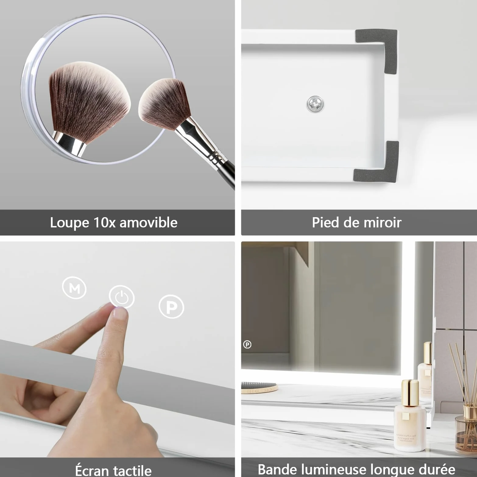 YU YUSING Miroir Coiffeuse de Maquillage LED 58x47 cm, 3 Couleurs, Charge USB, Luminosité Réglable, Miroir Lumineux de Table Cosmétique, Grossissant 10x, Blanc