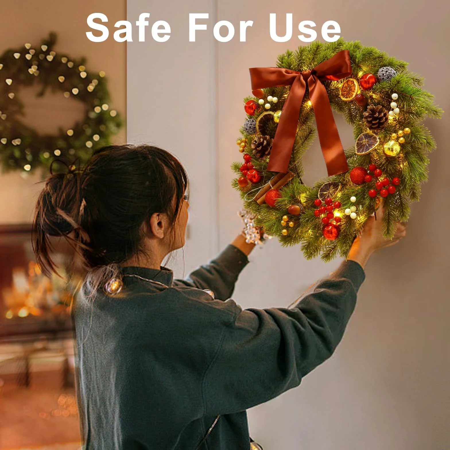 GlobaLink Couronne de Noël Porte 40 LEDs 40CM Couronne et Guirlandes de Noël Artificielle Minuterie à Piles Etanche IP44 Couronne de Noël Lumineuse Decoration pour Porte Entrée Mural Vitre Fenêtre