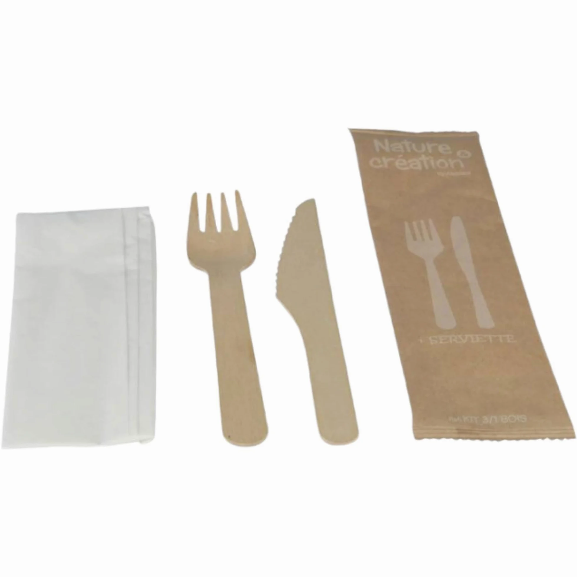 250 kits Couverts 3 en 1: Bois de Bouleau Naturel et Biodégradable - Fourchette, Couteau et Serviette