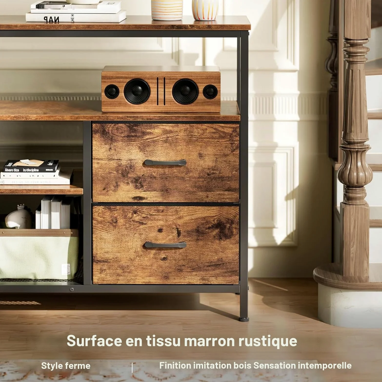 Armoire TV avec lumières LED - 108 x 30 x 78 cm - Meuble TV avec 4 tiroirs, 3 compartiments ouverts - Avec étagère en verre réglable - Pour salon, chambre à coucher - Marron - 108 x 30 x 78 cm