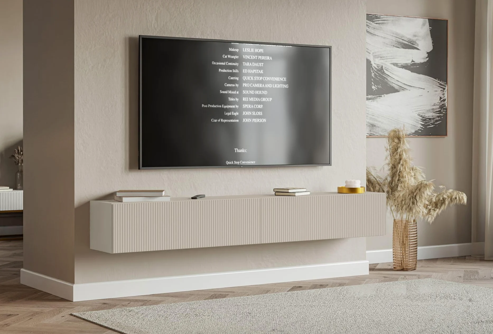 Selsey Meuble TV Suspendu 200 cm Greige Mat Design Moderne – Rangement à 4 Compartiments Façade Rainurée Idéal Déco Élégante et Contemporaine Salon/Chambre Panneau Laminé/MDF Solide